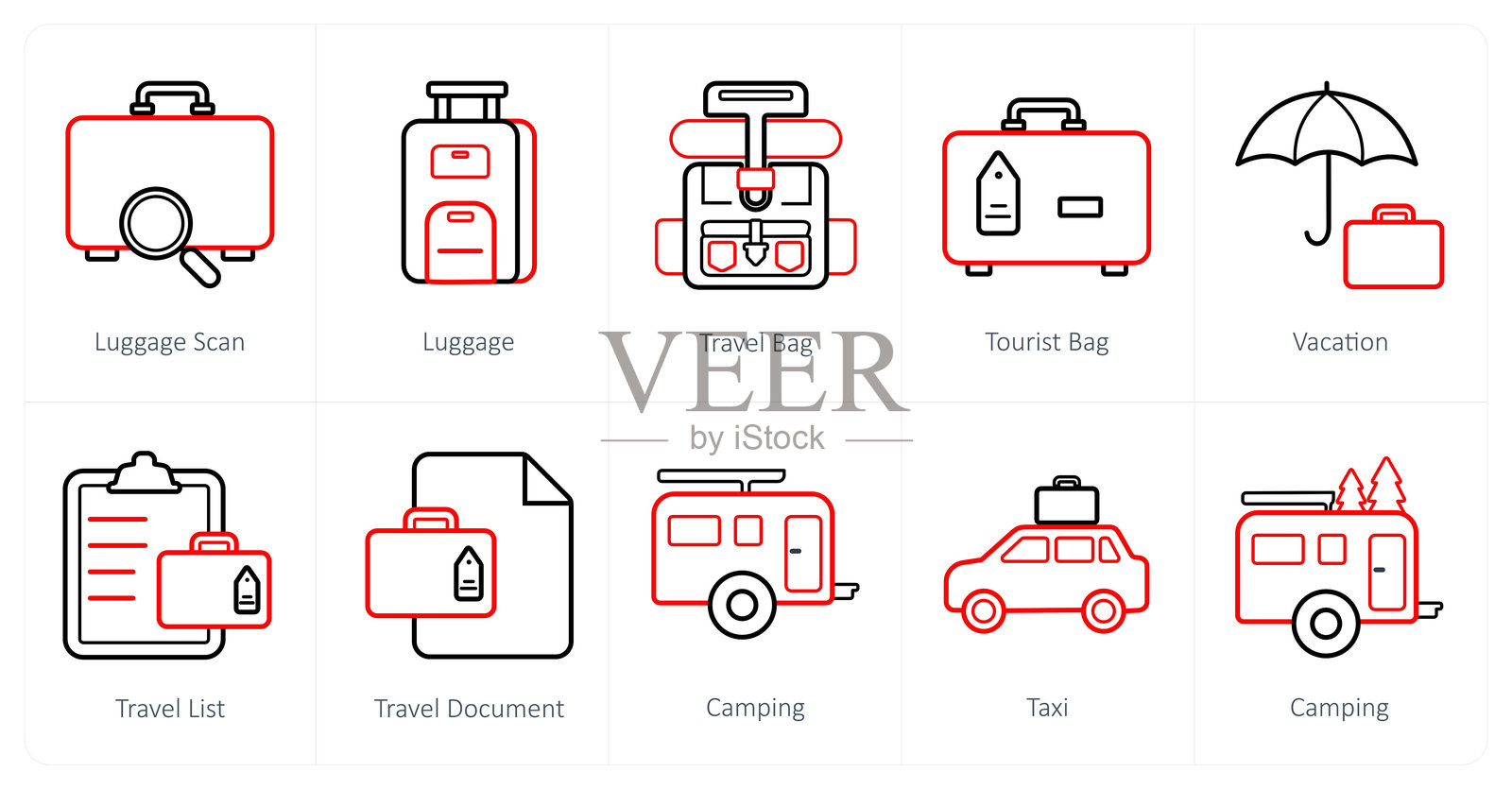 一套10个旅行和度假图标作为行李扫描，行李，旅行袋插画图片素材