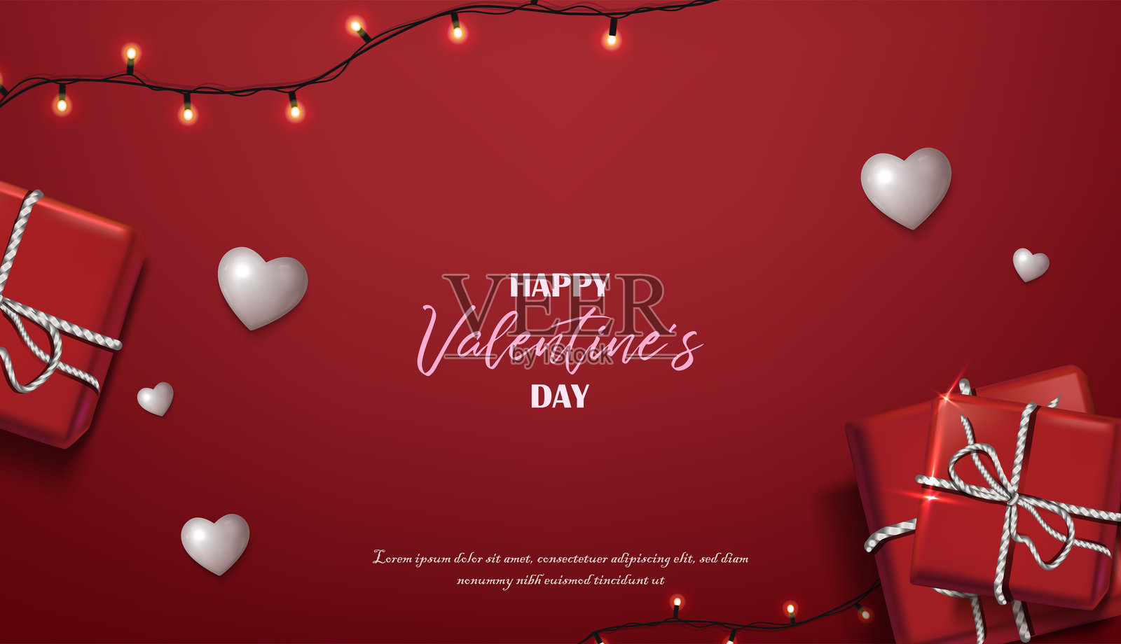 三维现实矢量插图。红色背景，礼物和白色的心。“情人节快乐”横幅。插画图片素材