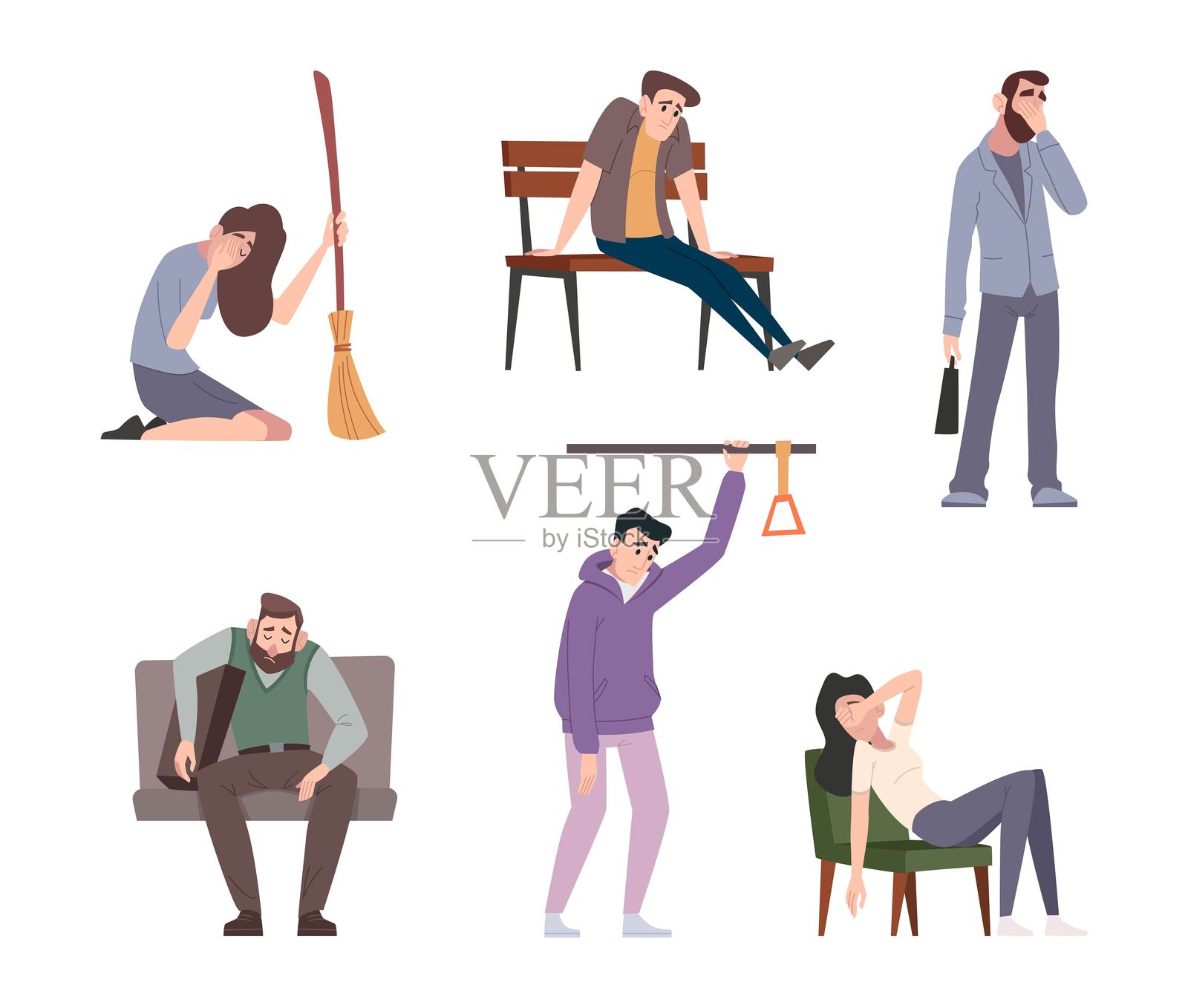 疲惫的人。懒惰和低能量的人物在不同的姿势冷漠和过度劳累的人确切的矢量模板集插画图片素材
