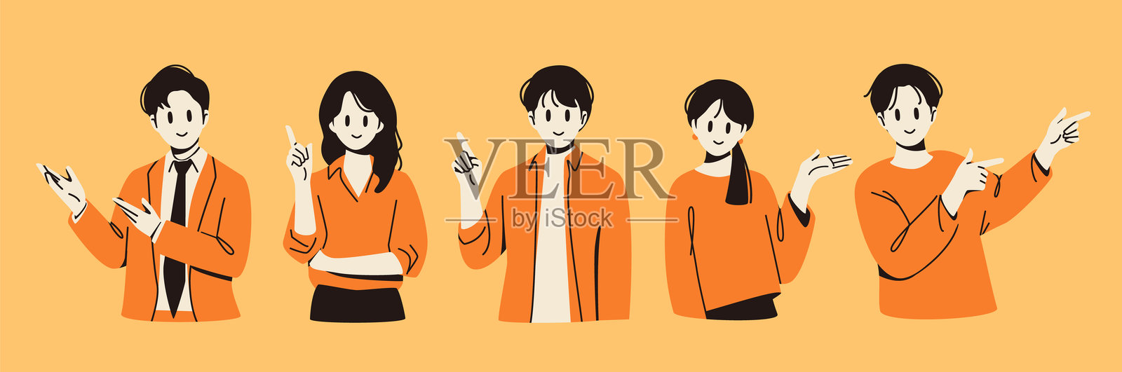 一组不同的人，领导，展示和指向的姿势插画图片素材