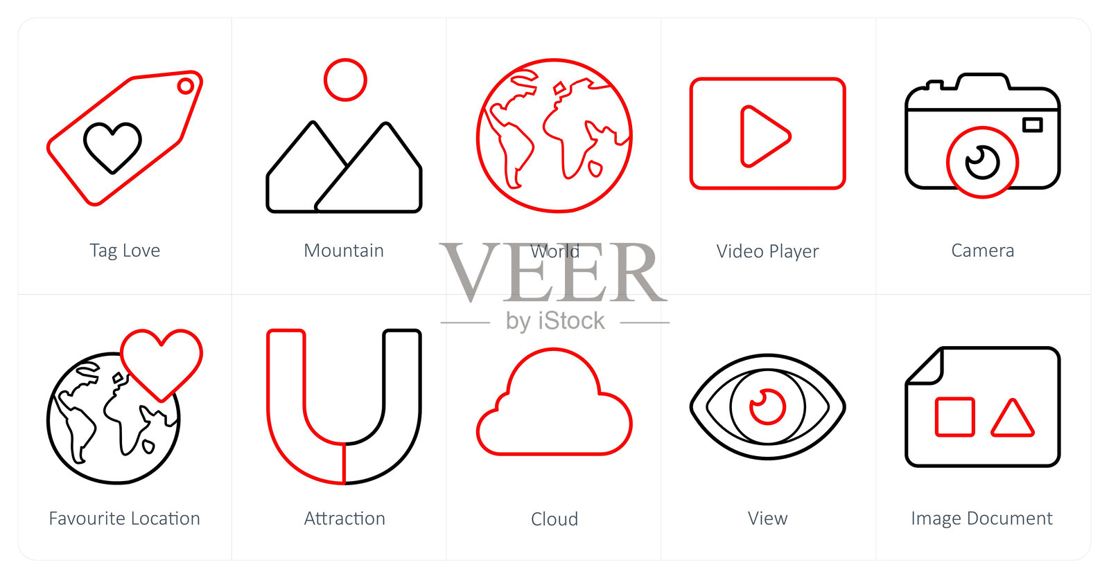 一组10个ui图标作为标签爱，山，世界插画图片素材