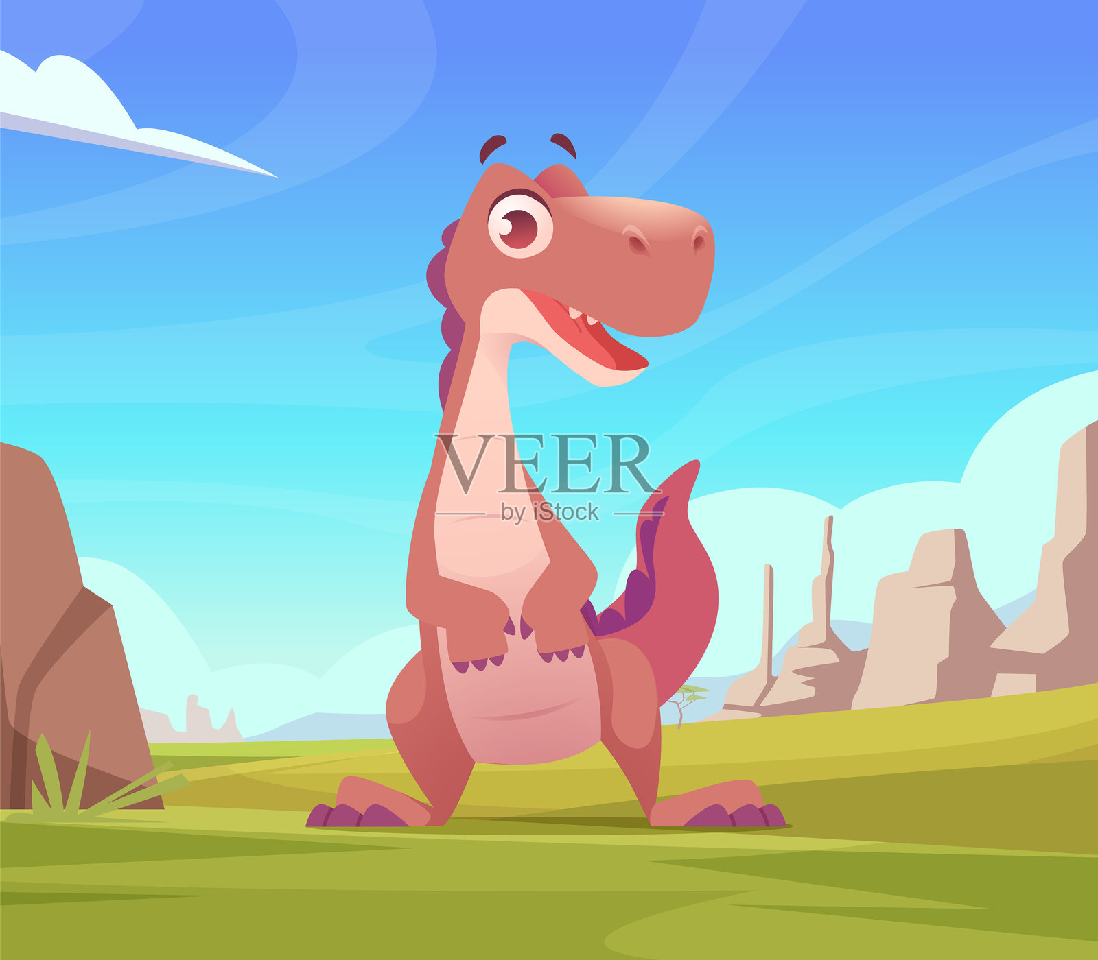 卡通恐龙。有趣的爬行动物站在户外美丽的风景插画图片素材