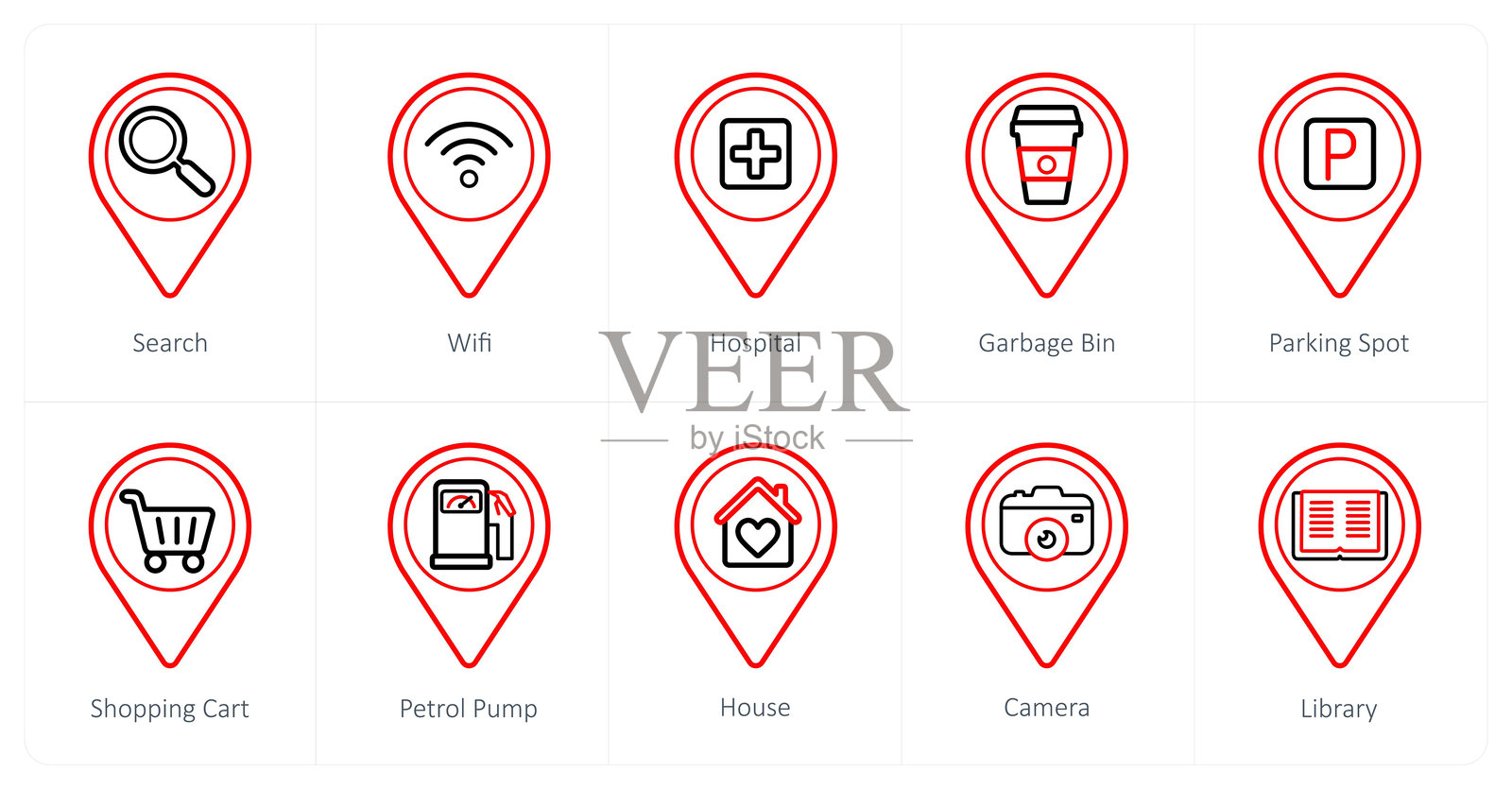 一组10个位置图标，如搜索，wifi，医院插画图片素材