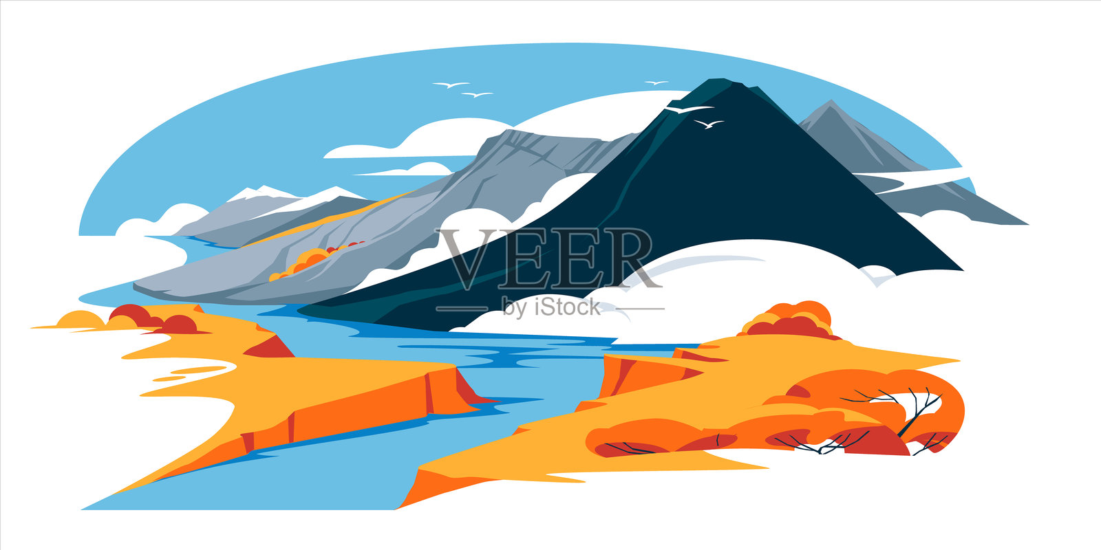 山景秋色。平静的蓝色河流。橙色和黄色的季节。矢量平面插图插画图片素材