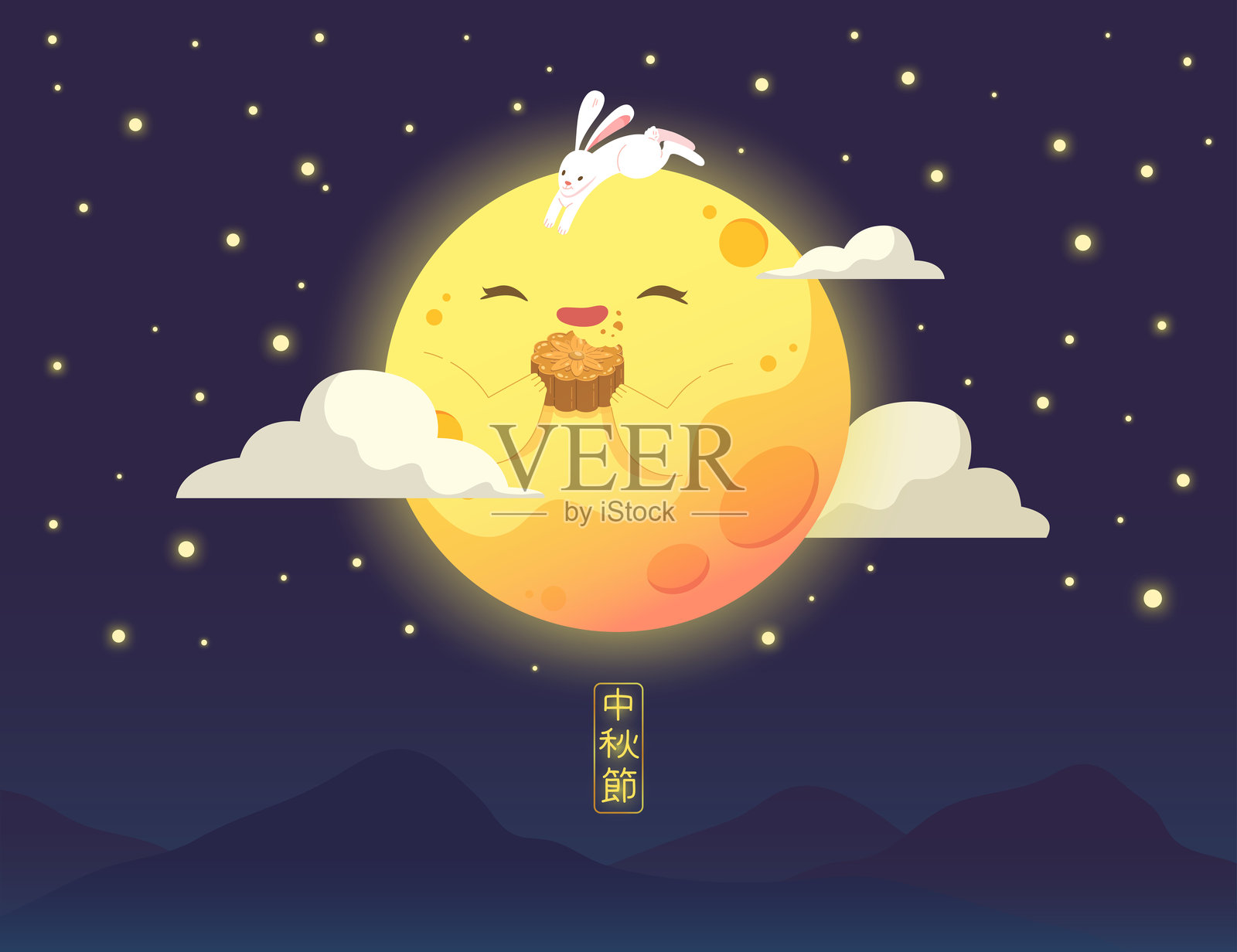 小白兔跳上可爱的月亮，在夜空的背景下尽情地吃月饼。插画图片素材