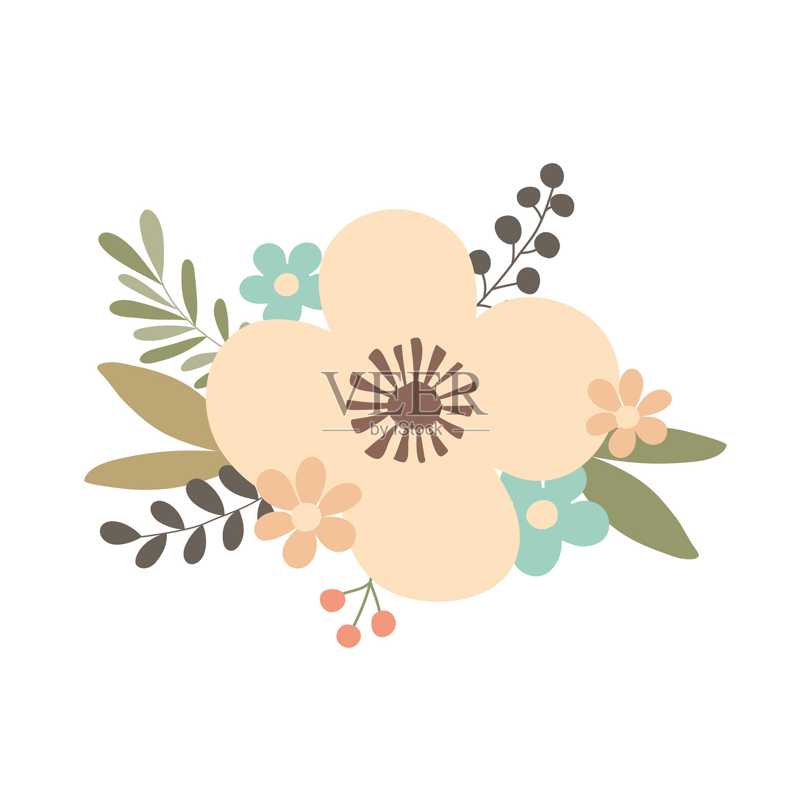 手绘树枝与花和树叶隔离在白色的背景。简单的平面风格用于婚礼设计。插画图片素材