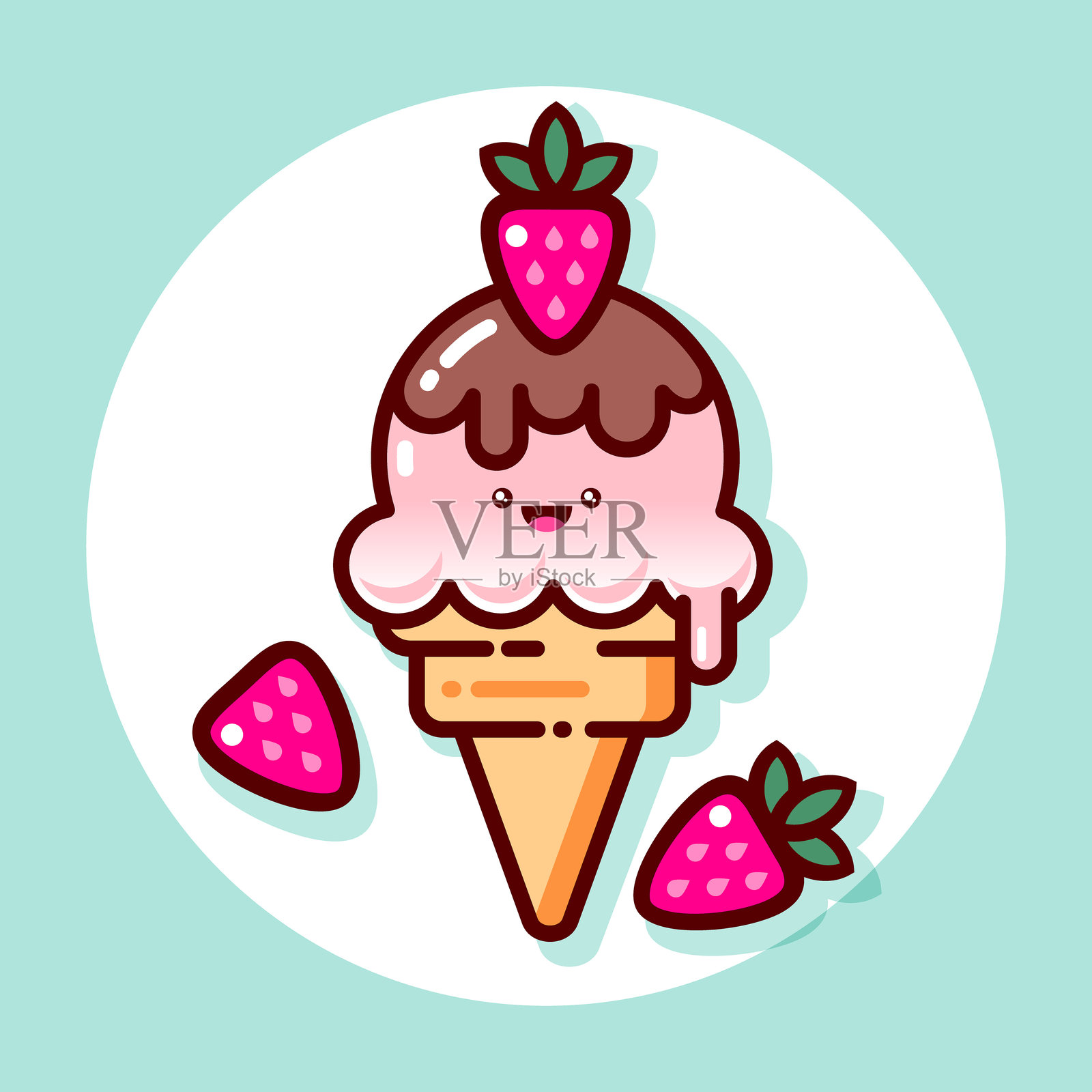 卡哇伊冰淇淋插图。一勺冰淇淋，上面有巧克力和草莓。插画图片素材