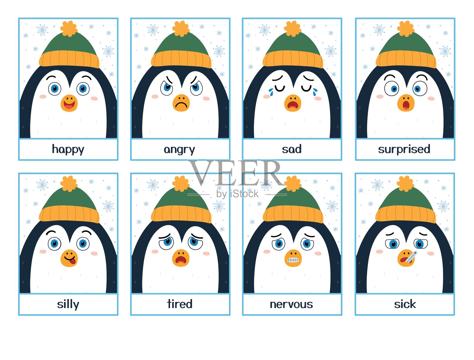企鹅情绪抽认卡收集。冬季人物情感表达卡片插画图片素材