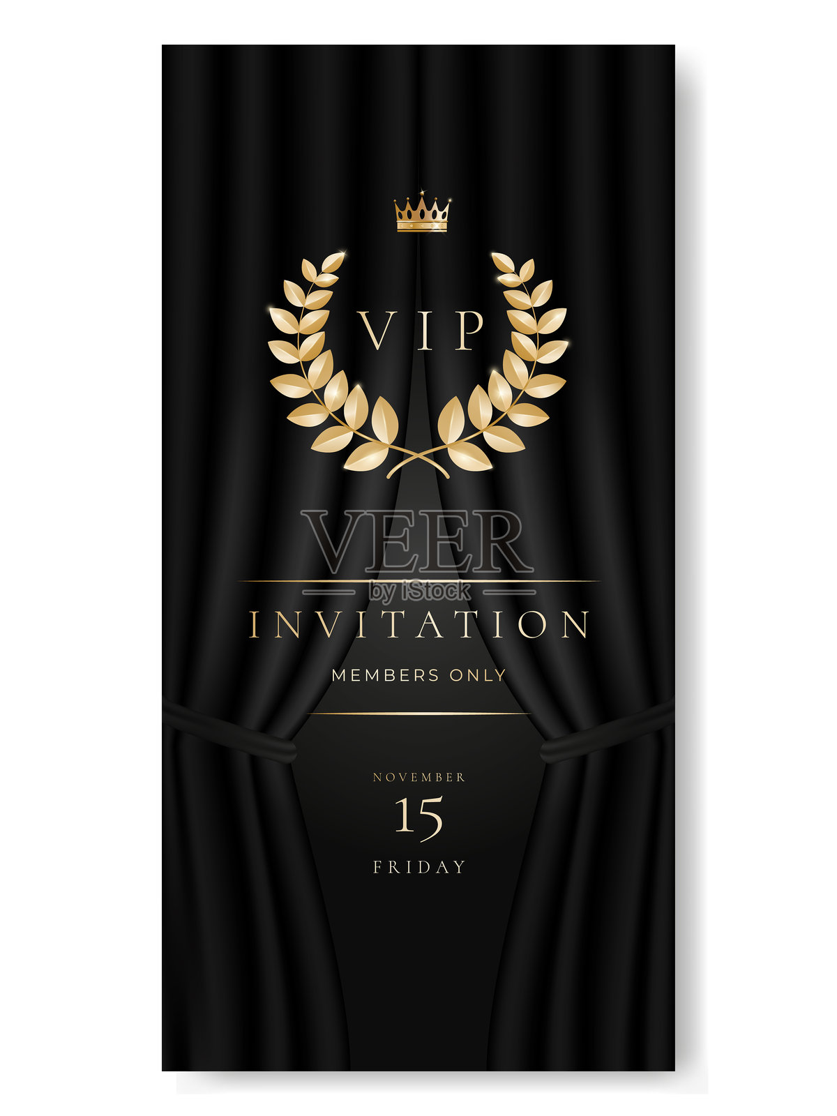 贵宾邀请卡，横幅或传单与金色元素和黑色窗帘。豪华高级设计套装，适合活动邀请，庆典派对，正式招待会。插画图片素材