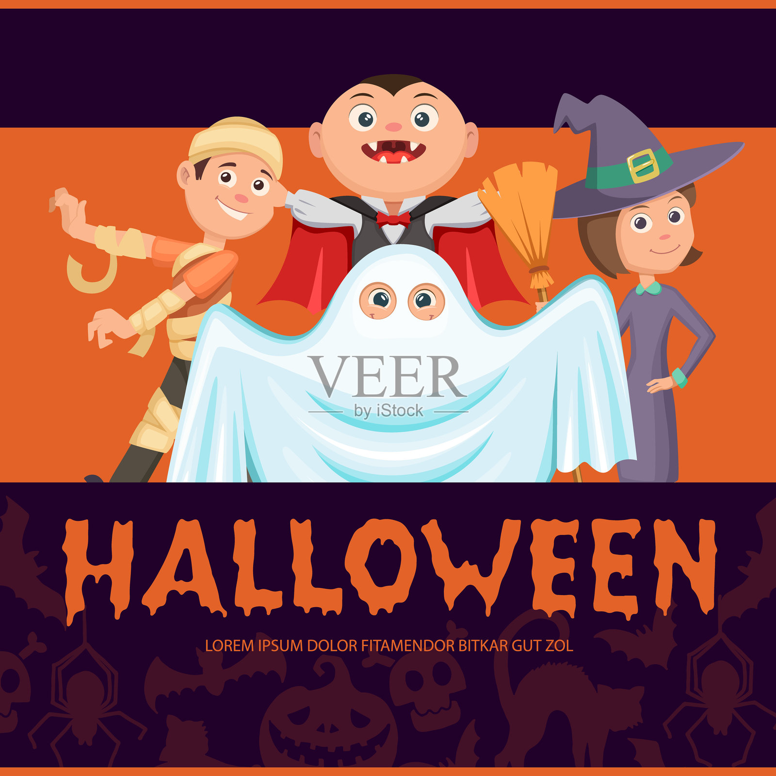 万圣节的海报。万圣节派对的僵尸鬼魂女巫和吸血鬼恐怖服装插画图片素材