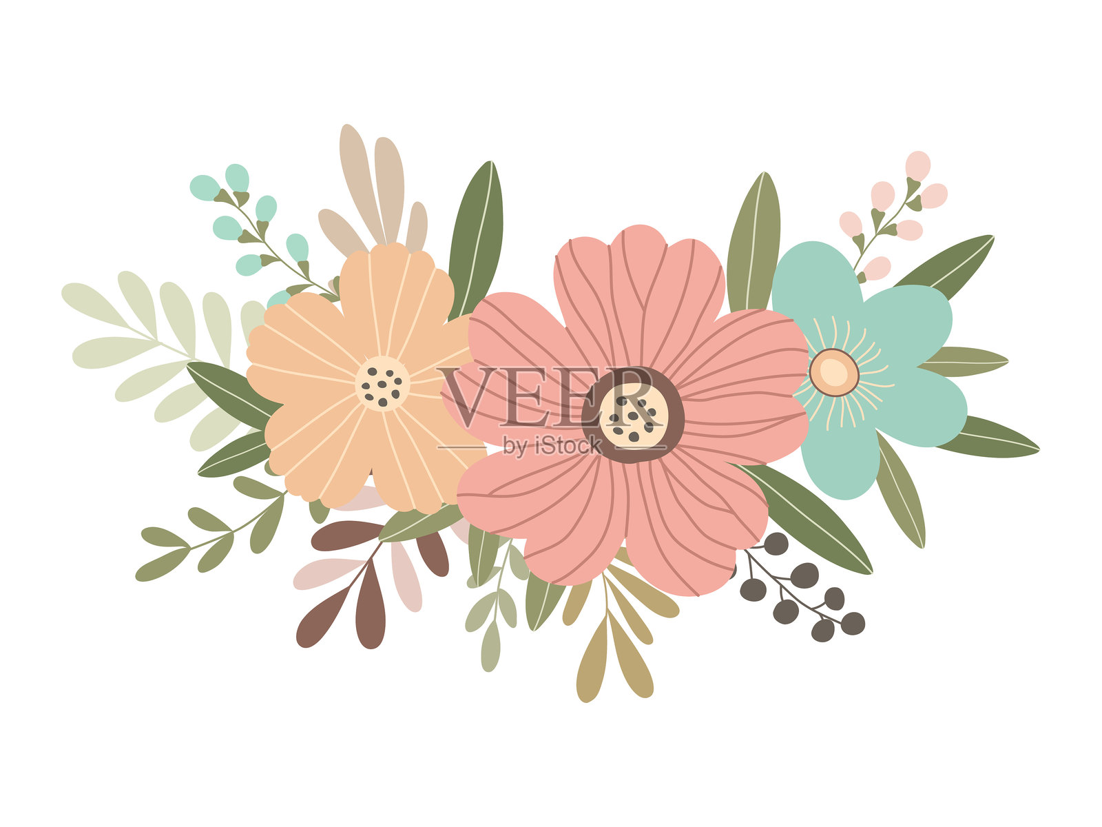 手绘树枝与花和树叶隔离在白色的背景。简单的平面风格用于婚礼设计。插画图片素材