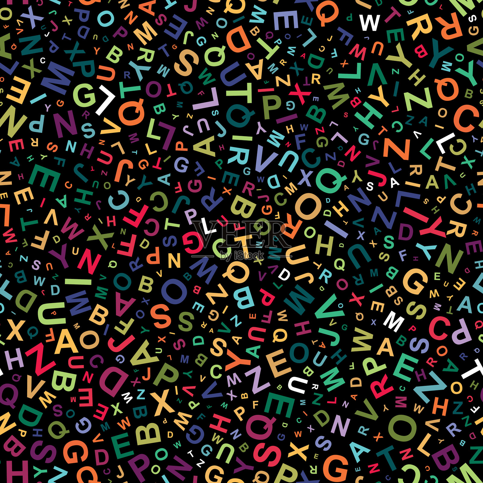 几何图案与彩色字母孤立在一个黑色的背景。复古的风格。插画图片素材