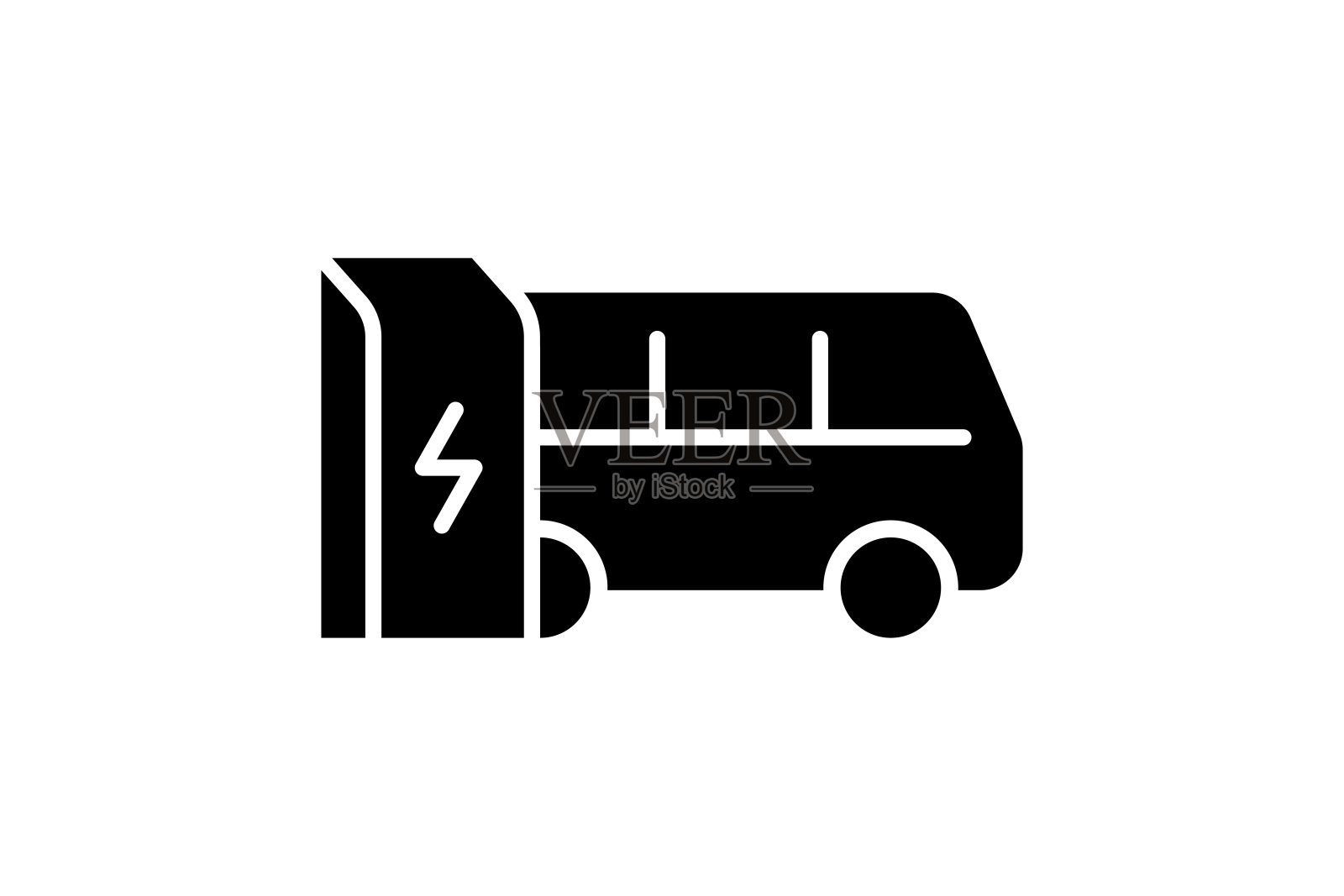 电动巴士在充电站充电图标。电动电动客车能量充电黑色符号。环保电动车充电标志。矢量电池供电的电动汽车运输标志插画图片素材