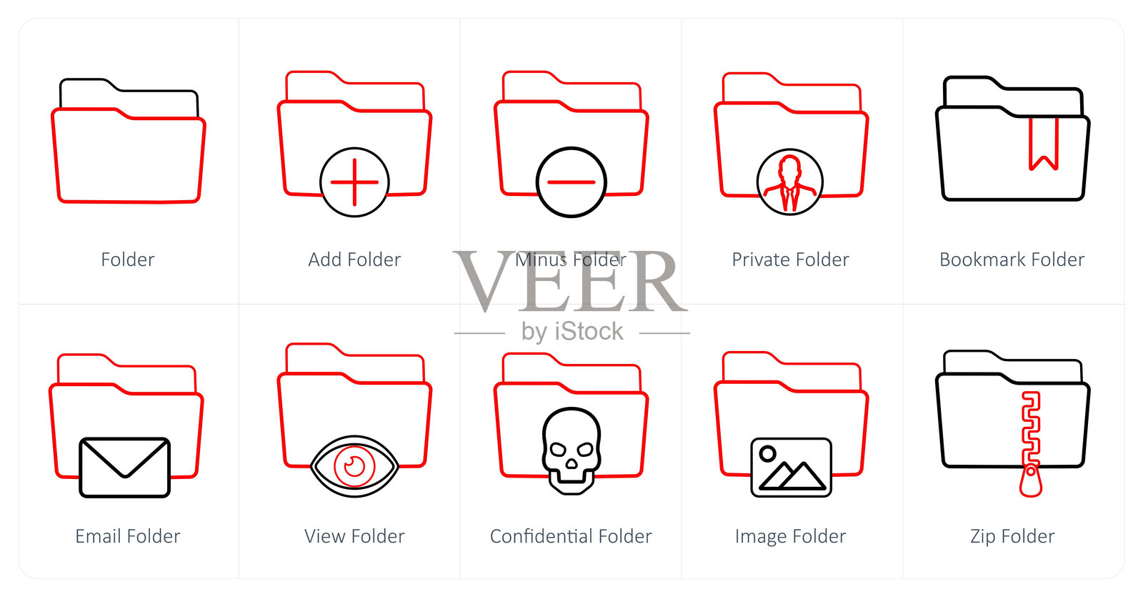 一组10个文件夹图标作为文件夹，添加文件夹，减去文件夹插画图片素材