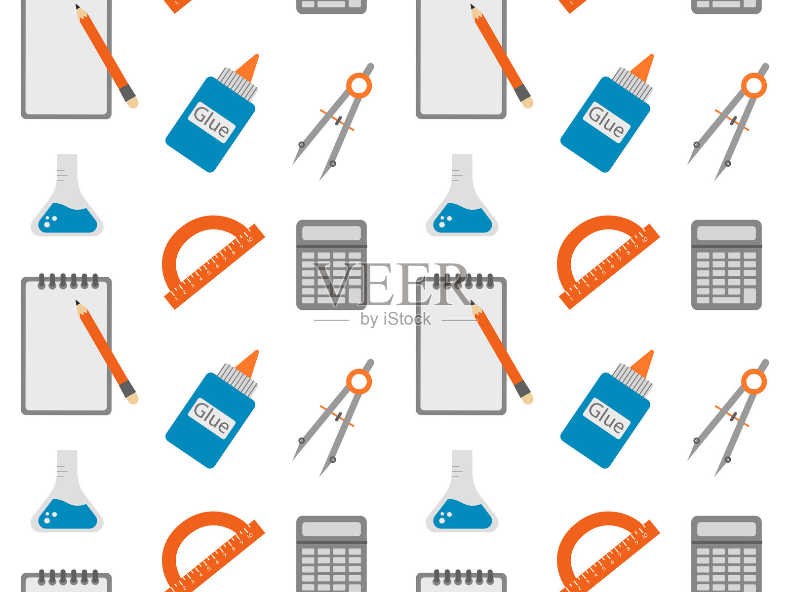 无缝图案与文具，学校和办公室。画画用的铅笔、笔记本、尺子和指南针插画图片素材