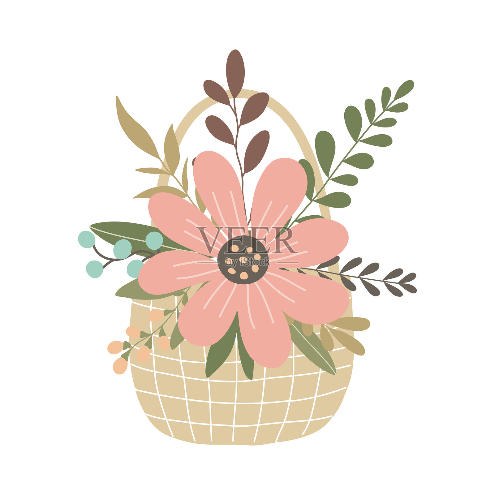 手绘柳条篮，花与叶隔离在白色的背景。简单的平面风格用于婚礼设计。插画图片素材