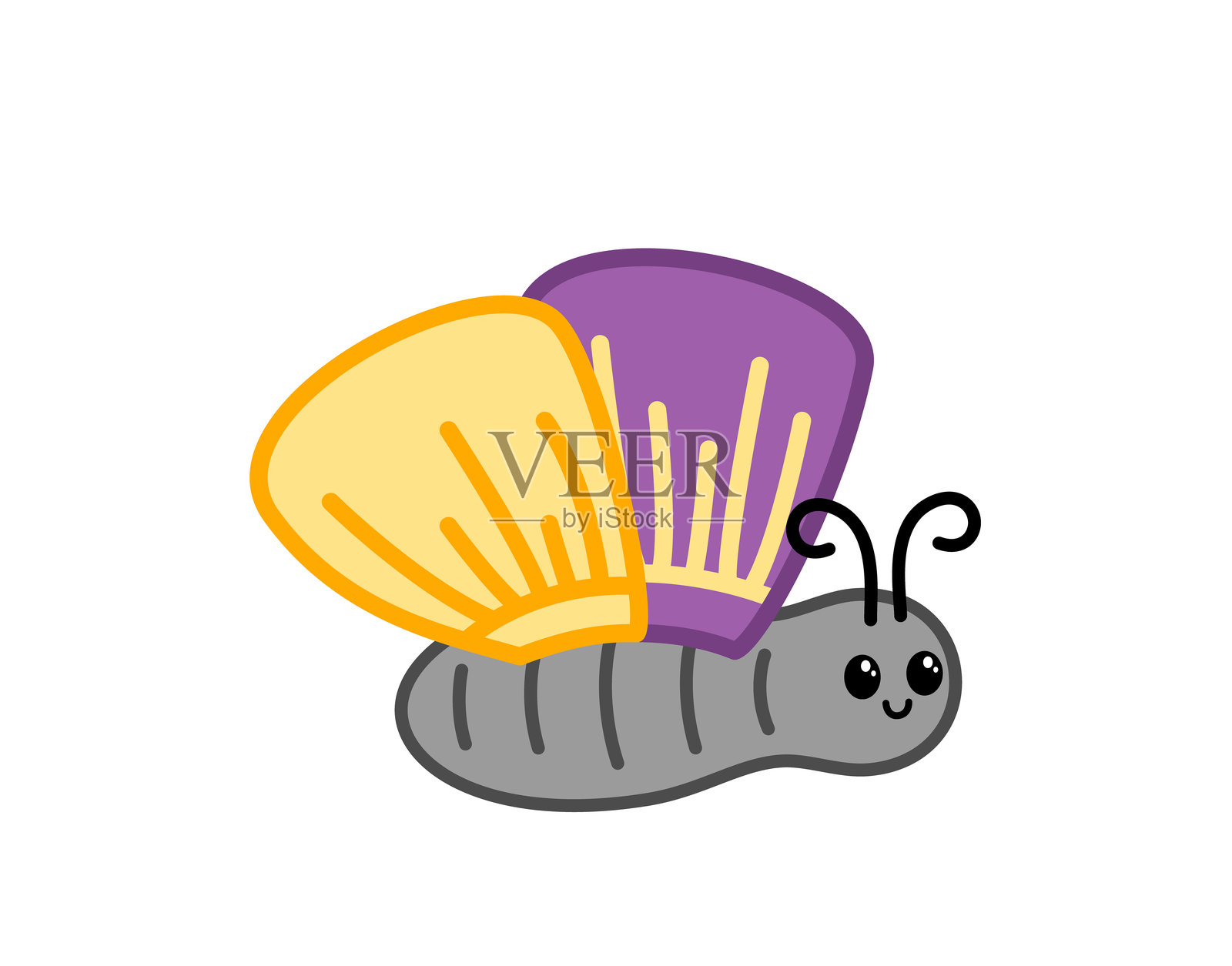 黄紫色的蝴蝶在飞翔。卡通，卡哇伊，矢量插画图片素材