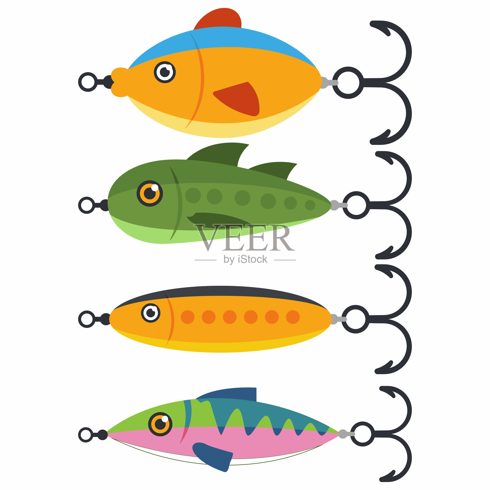 钓鱼诱饵矢量卡通集隔离在一个白色的背景。插画图片素材