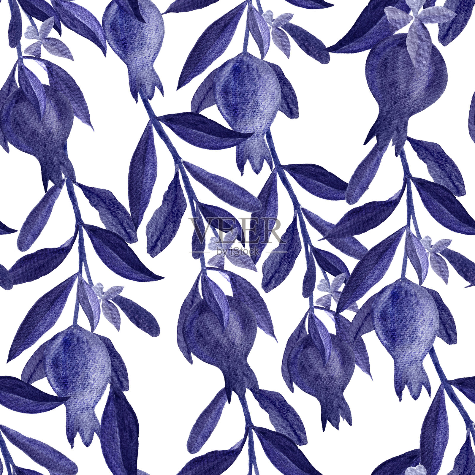 石榴枝单色垂直卡与水彩背景隔离在白色上。手绘艺术在未来黄昏潘通色彩理想的横幅，海报，食品博客，印刷产品的阴影插画图片素材