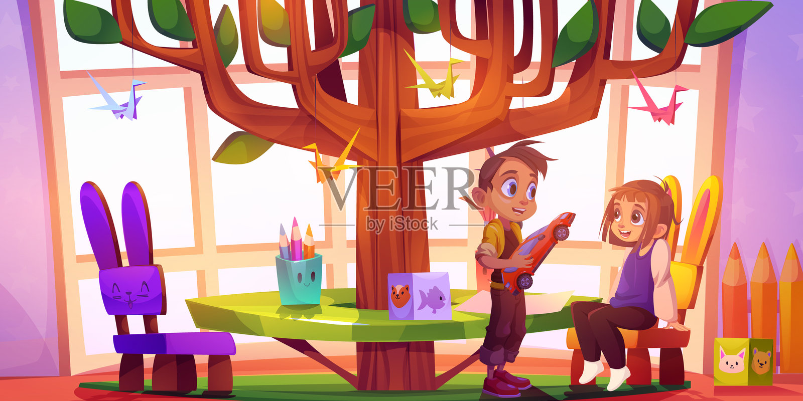 幼儿园小朋友在室内玩耍。插画图片素材