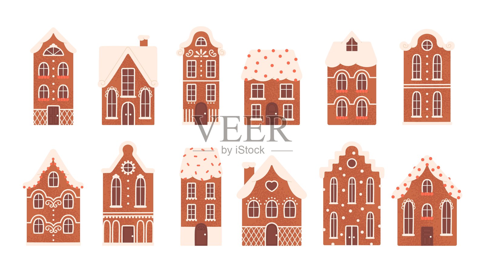 姜饼屋。单独的圣诞饼干与釉。烘焙元素，甜美的冬季节日传统甜点，活泼的向量集合插画图片素材