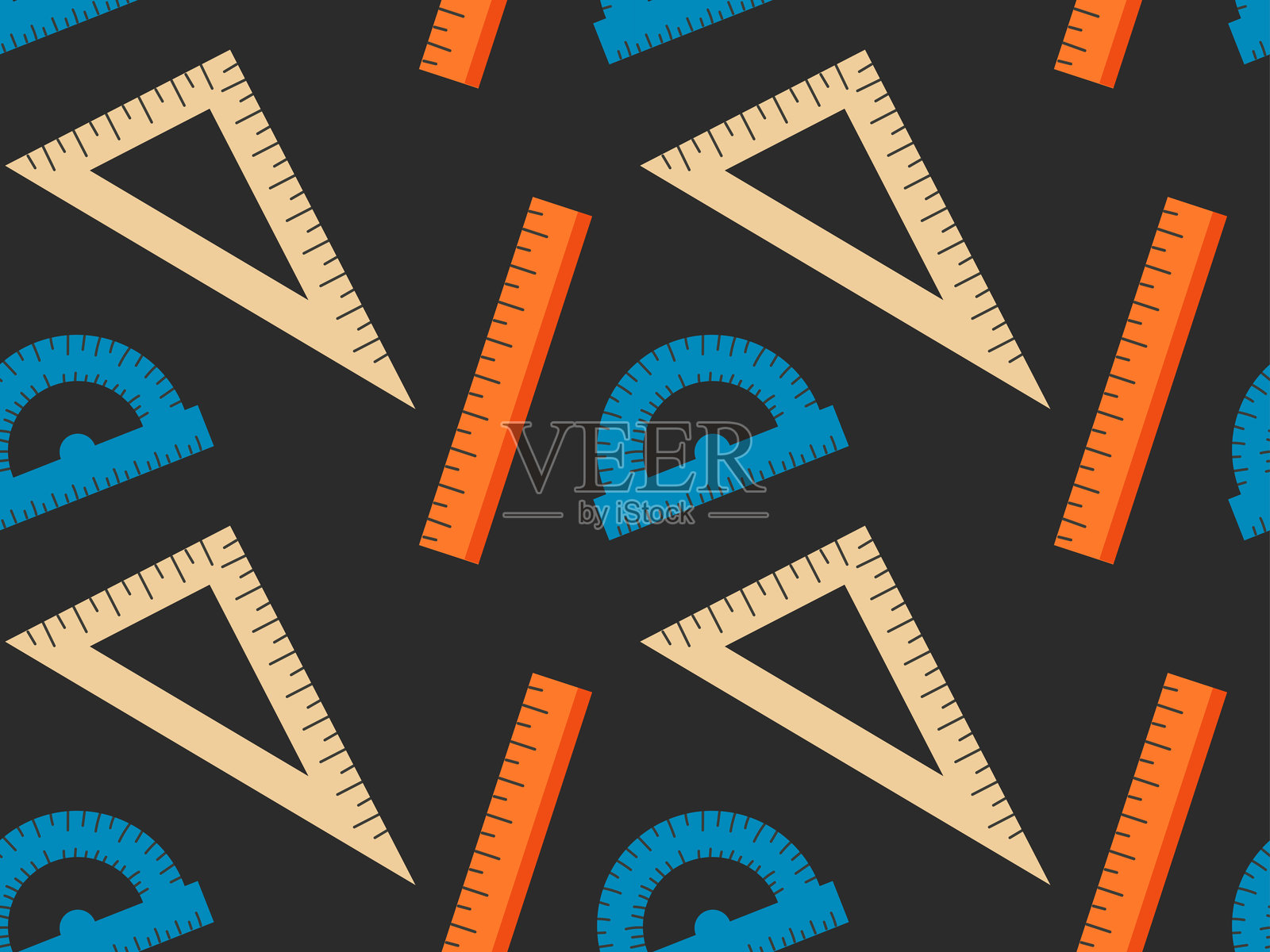 无缝图案与文具绘图。黑色背景上的尺子，量角器插画图片素材