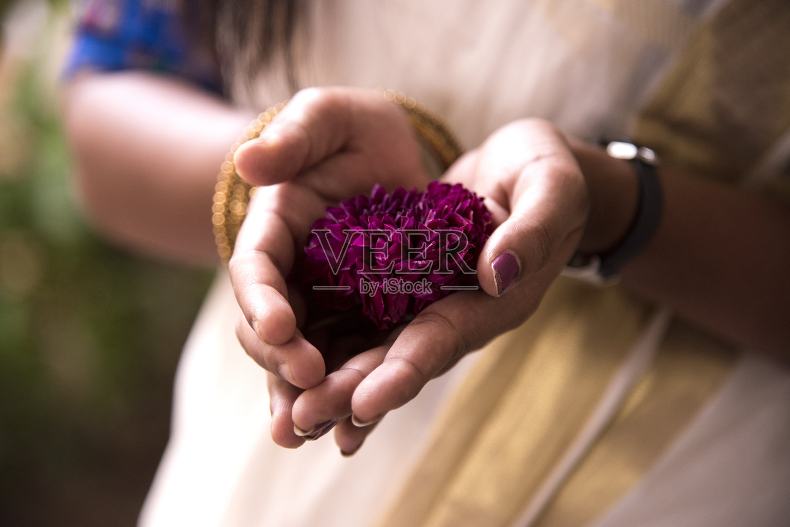 身穿纱丽的女子手持鲜花的特写照片摄影图片