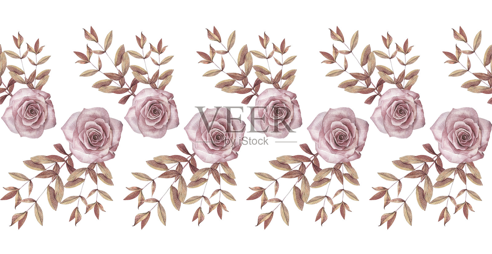 无缝边缘与水彩秋天万圣节安排。白色背景上的玫瑰花瓣。花束图案，适合十月或十一月庆祝。墙纸或包装的边框插画图片素材
