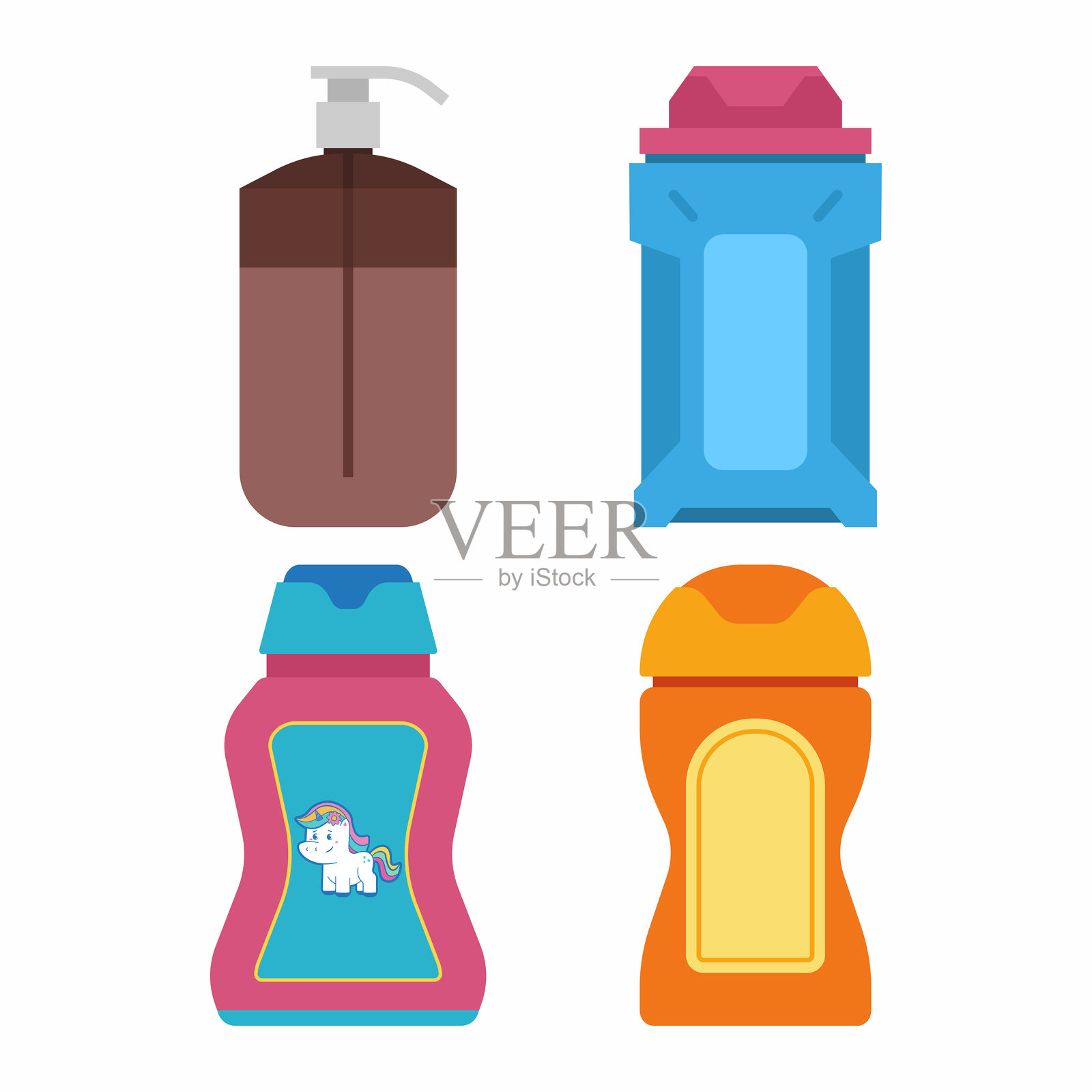 沐浴露凝胶矢量卡通集隔离在一个白色的背景。插画图片素材