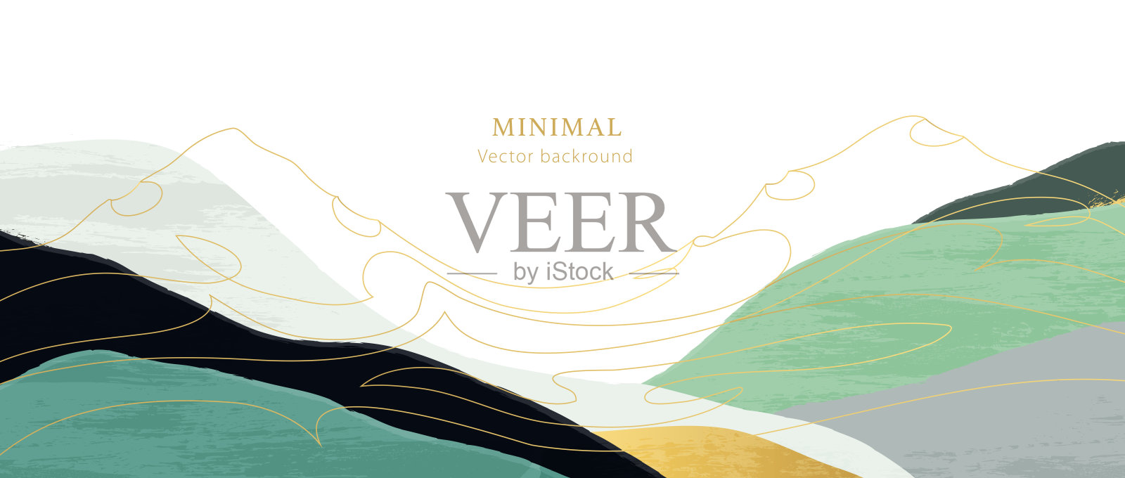 最小的溢价矢量横幅与抽象的山，波，湖，河。美丽的风景。金色线条和金色文字。插画图片素材