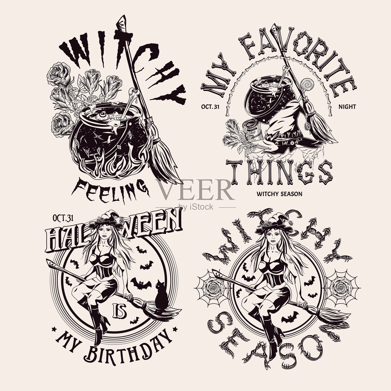 一套彩色标签与万圣节的象征插画图片素材