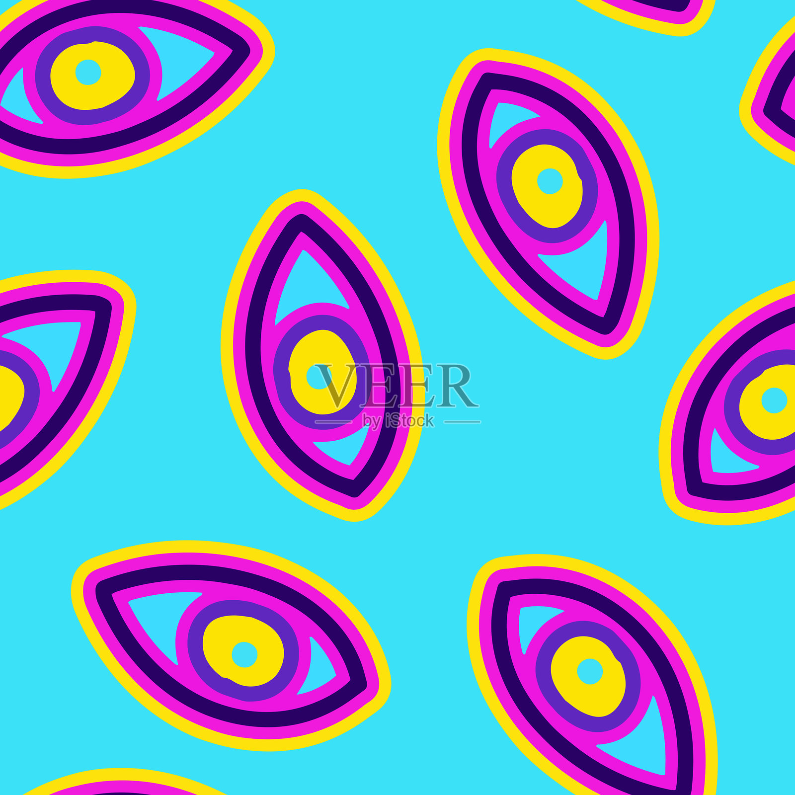 彩色groovy嬉皮图案与几何眼睛形状的蓝色背景插画图片素材