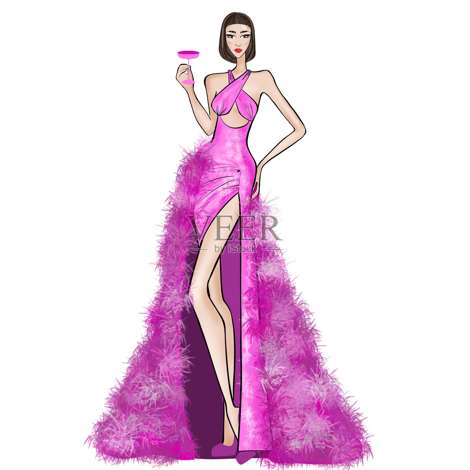 白色背景的时尚插图女人穿着粉红色的晚装，端着一杯葡萄酒插画图片素材
