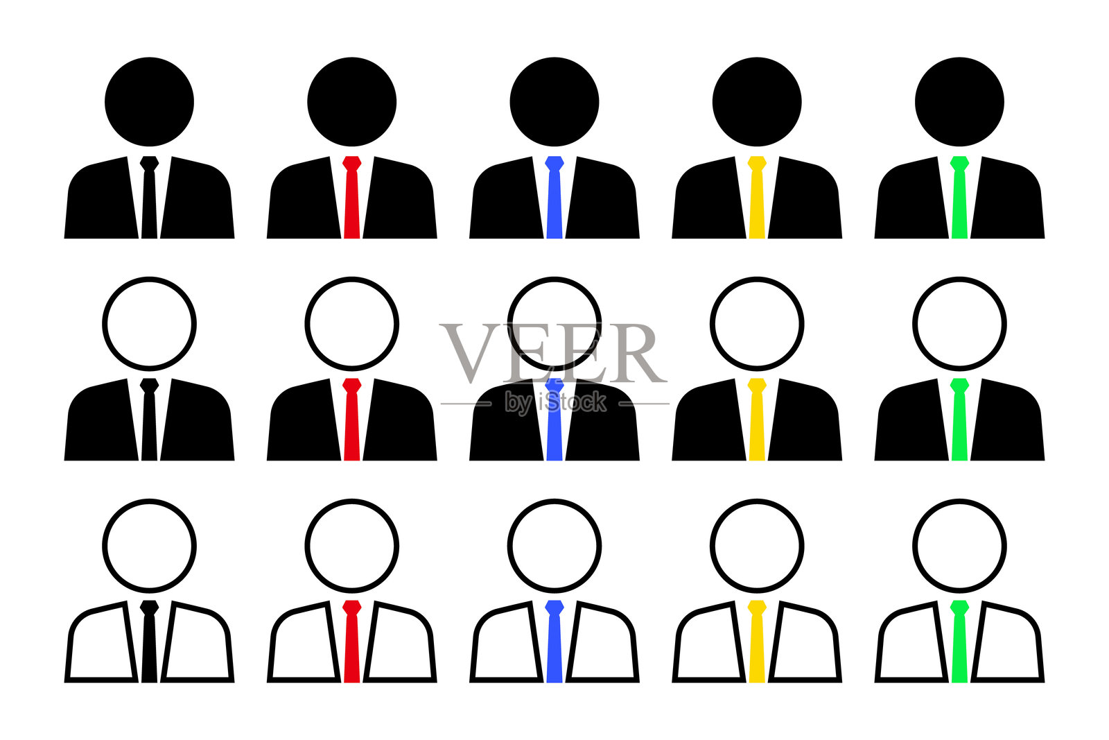 图标集的男人在西装与不同颜色的领带插画图片素材