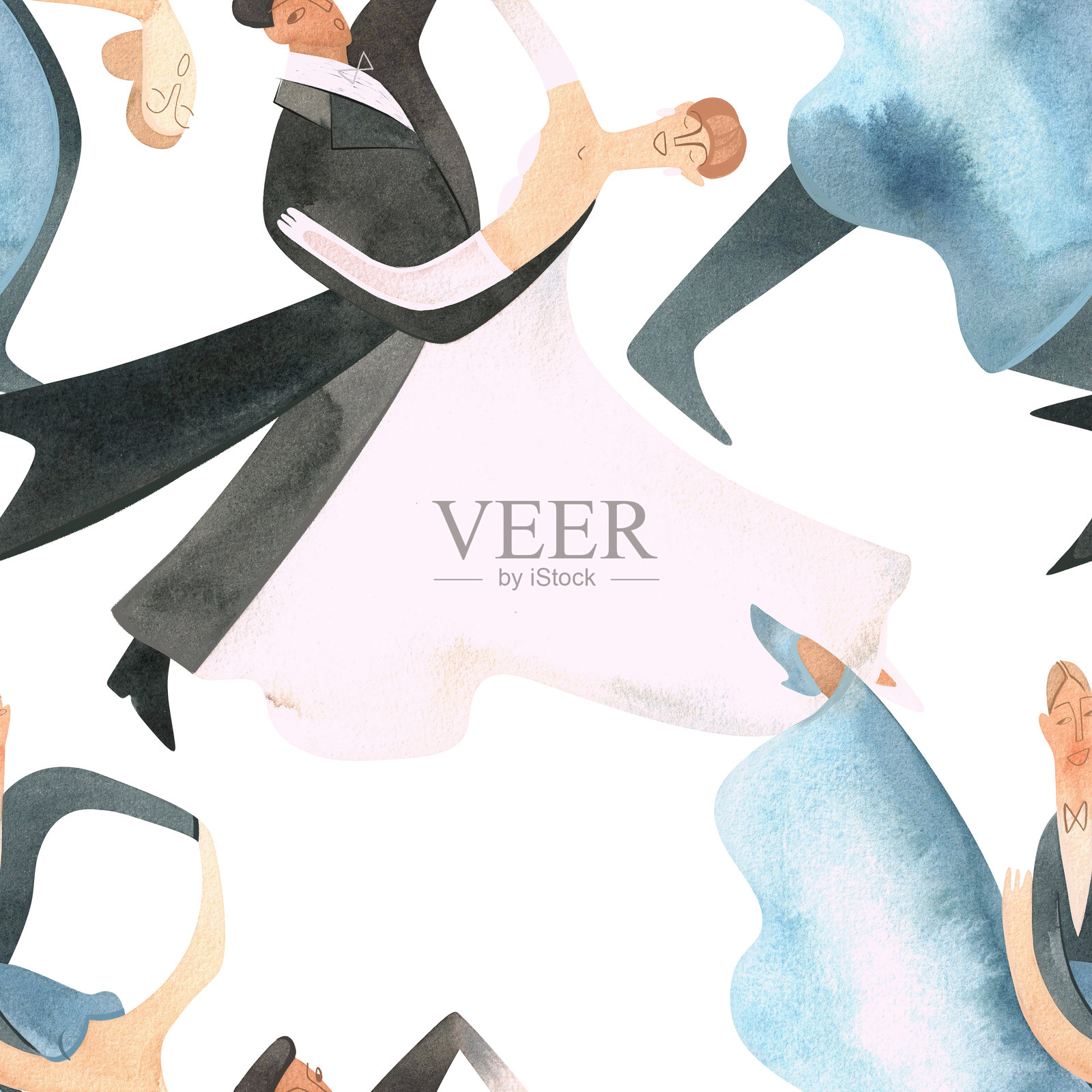 标准舞。镶木地板上的成年夫妇。孤立的水彩插图。无缝模式。白色背景插画图片素材