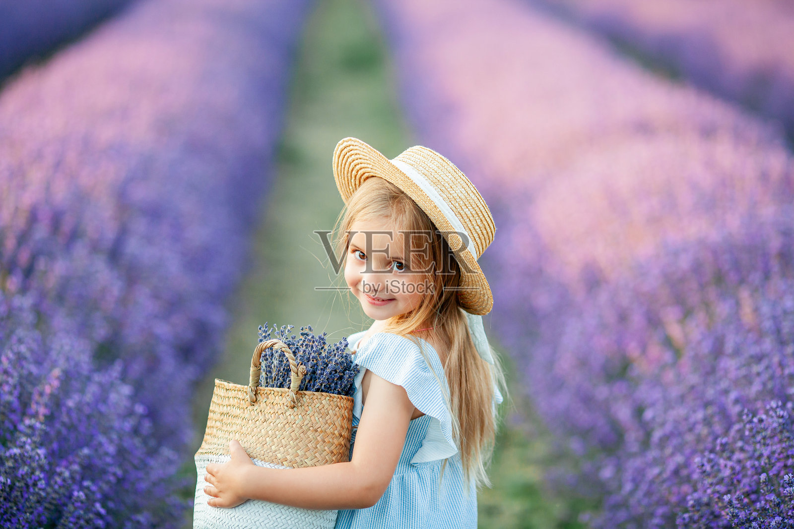 可爱的5岁小女孩的肖像，棕色的眼睛，蓝色的裙子。薰衣草地里快乐的孩子。夏天。照片摄影图片