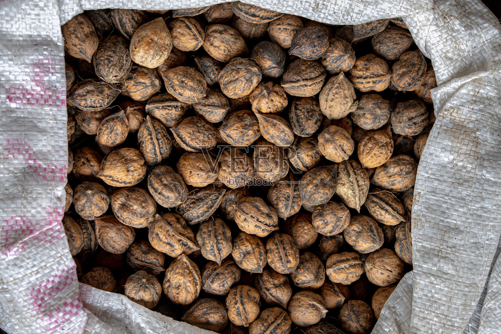 带壳的核桃，装在白色袋子里。照片摄影图片