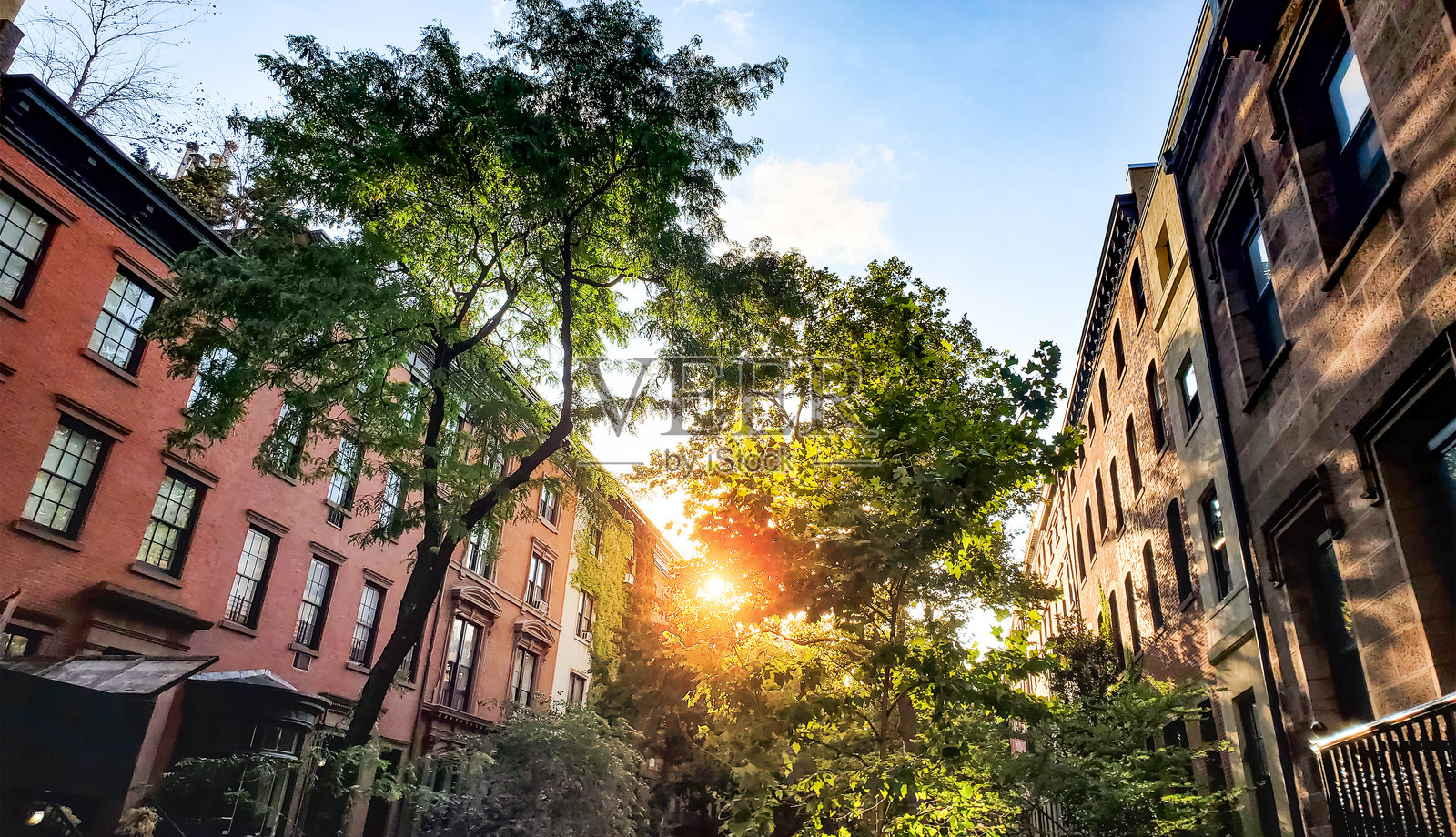 纽约市格林尼治村(Greenwich Village)社区第10街的历史公寓楼街区，绿树成荫照片摄影图片