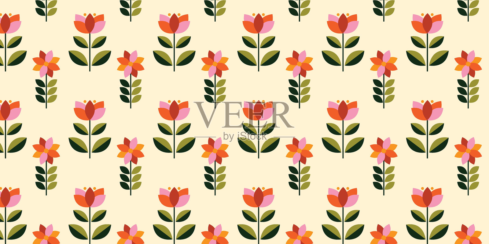 无缝图案与几何花。抽象的植物元素。抽象的几何形状的花，叶。矢量插图。最小的自然花卉植物形状。插画图片素材