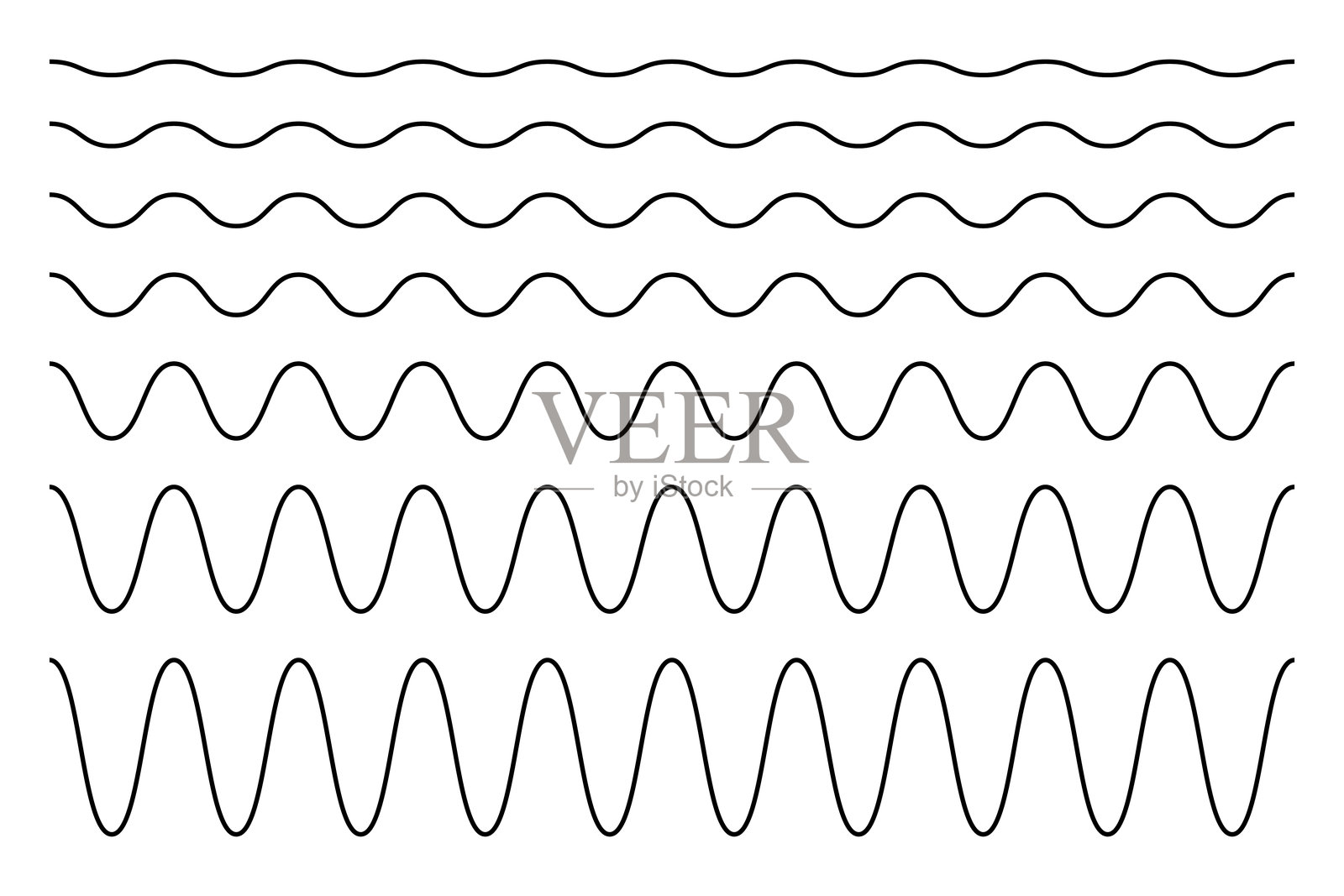 一组水平波浪线。波浪形的边界。正弦或余弦曲线。水、流体、空气或风的象征。河，海，湖或海洋标志孤立的白色背景插画图片素材
