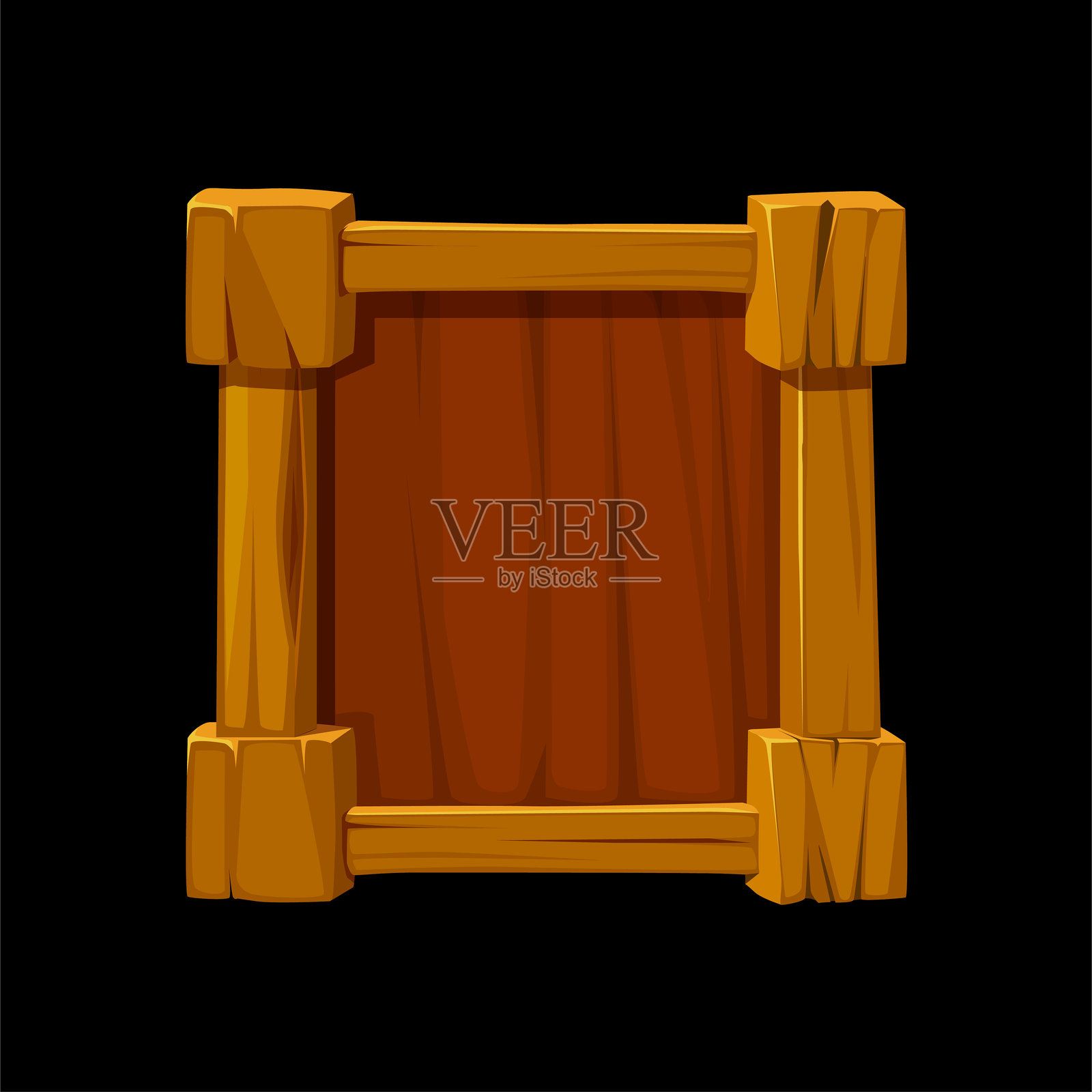 木制游戏框架或边框。用于2D游戏界面设计和UI元素的棕色木板和面板插画图片素材