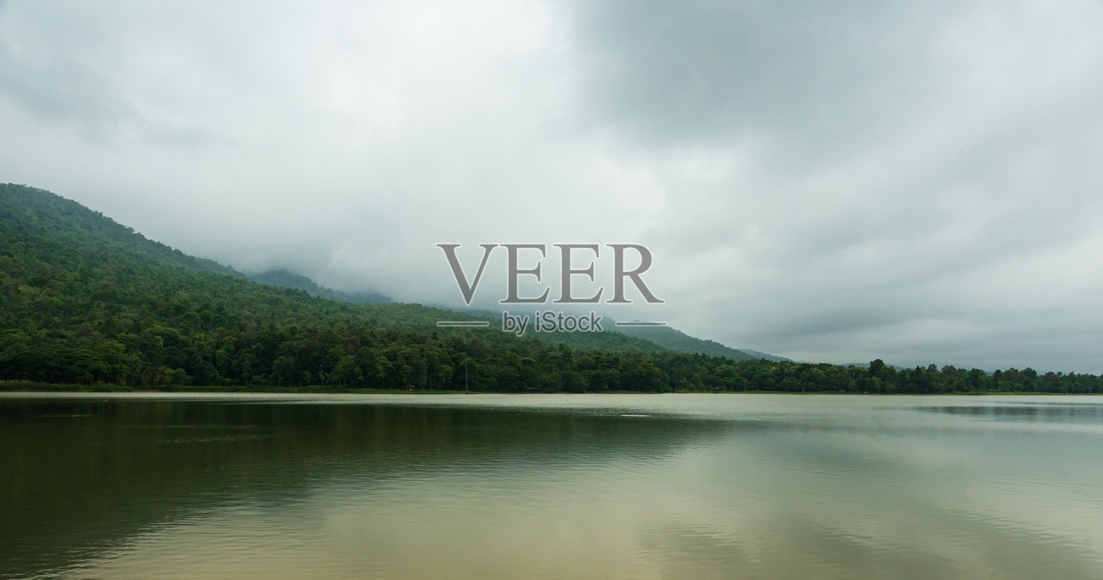 湖景和雾缭绕山中的雨林风光。照片摄影图片