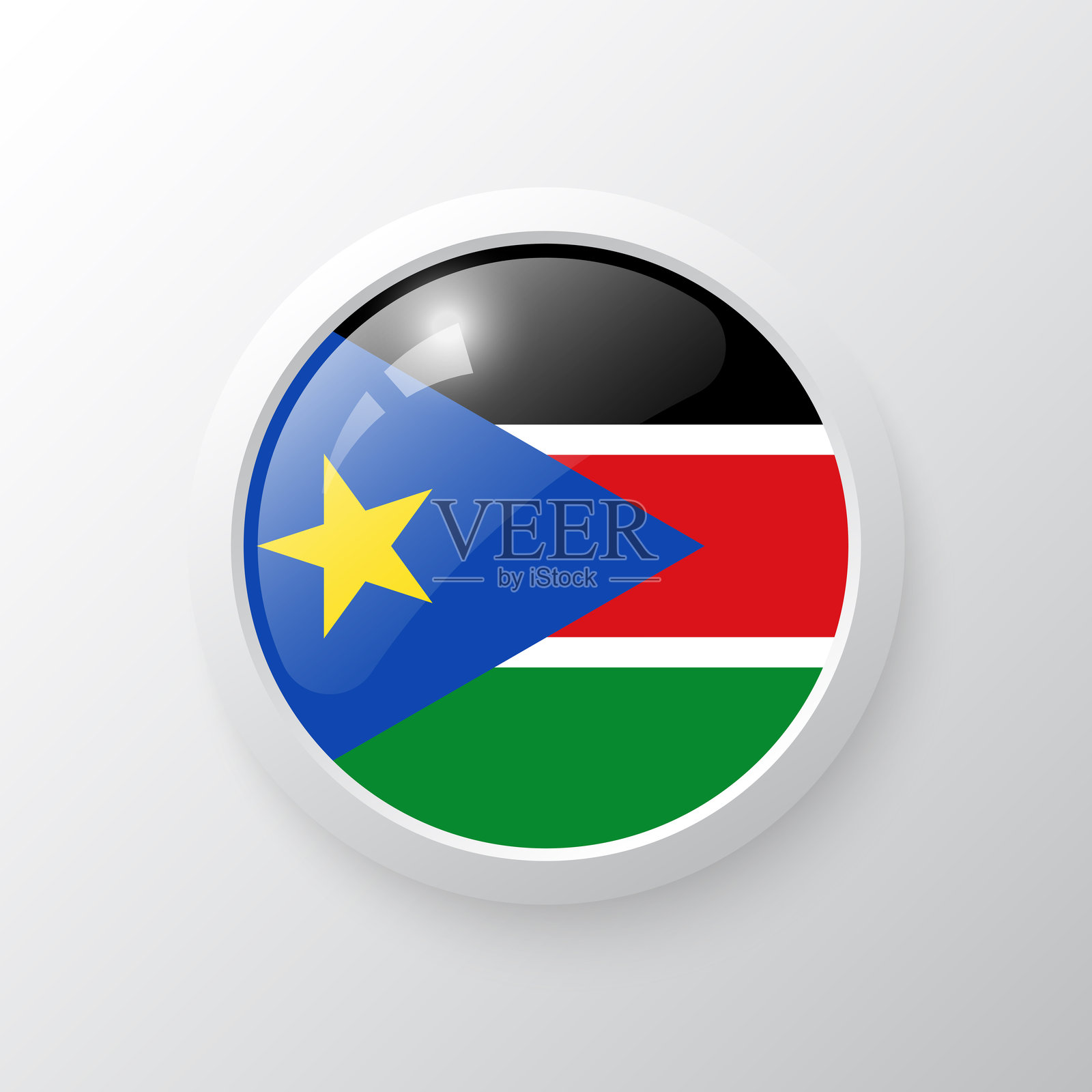 带有南苏丹国旗的3D按钮。作为圆形光泽图标的背景孤立。插画图片素材