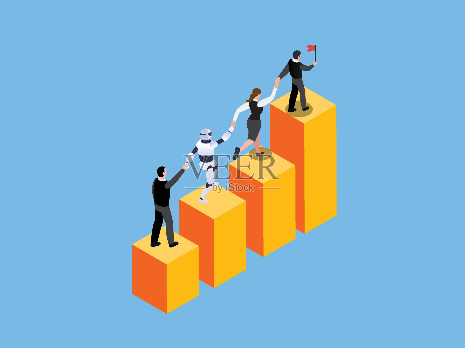 团队合作共同成功，员工职业道路或伙伴关系支持帮助企业成长，团队协作或导师培训概念，业务人员帮助团队攀爬成长的三维等距矢量图解插画图片素材