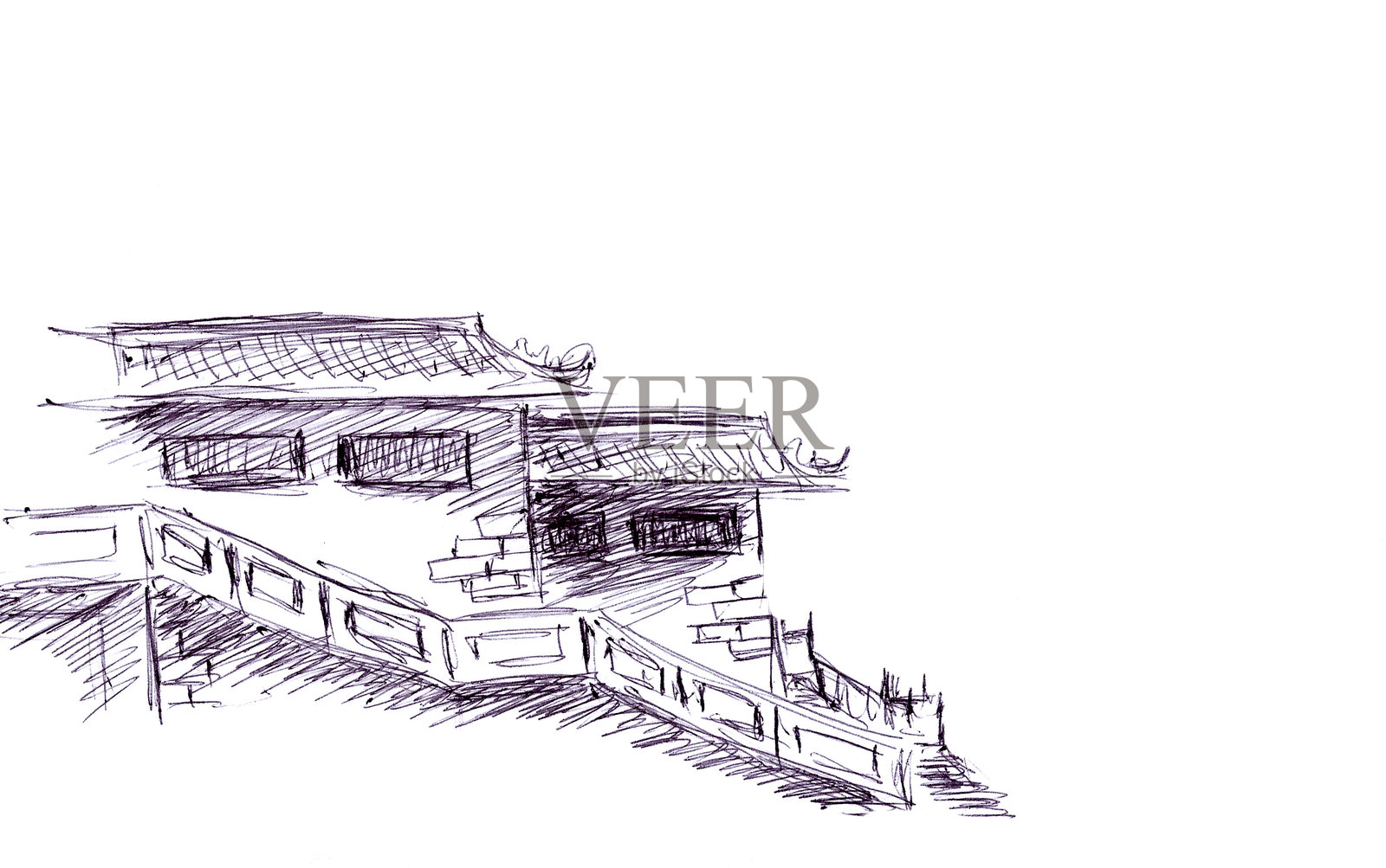 风格化中国古宅、古庙形象，图文黑白写生，旅游写生插画图片素材