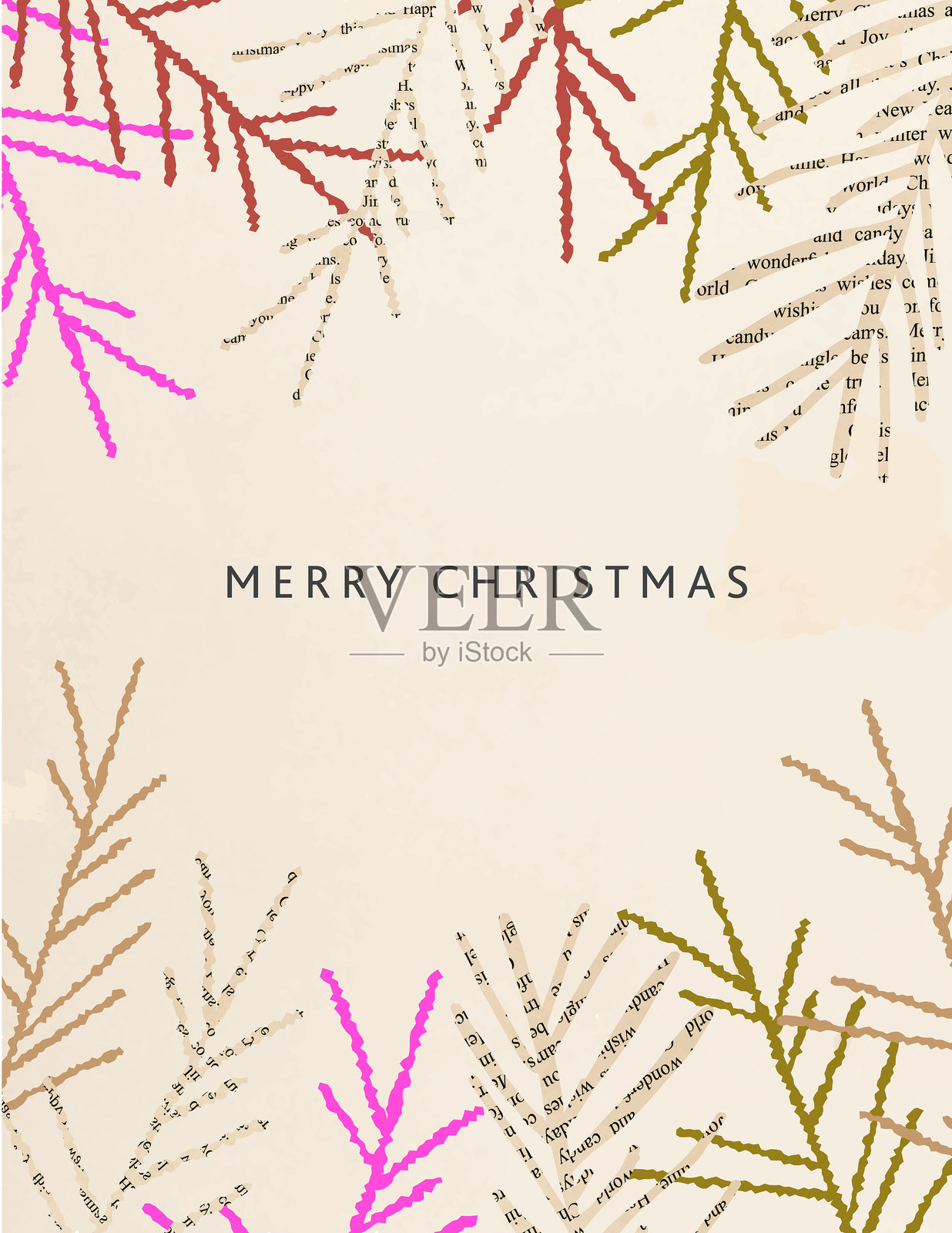 复古拼贴风格圣诞快乐贺卡设计模板圣诞树的树枝和浆果纸纹理插画图片素材