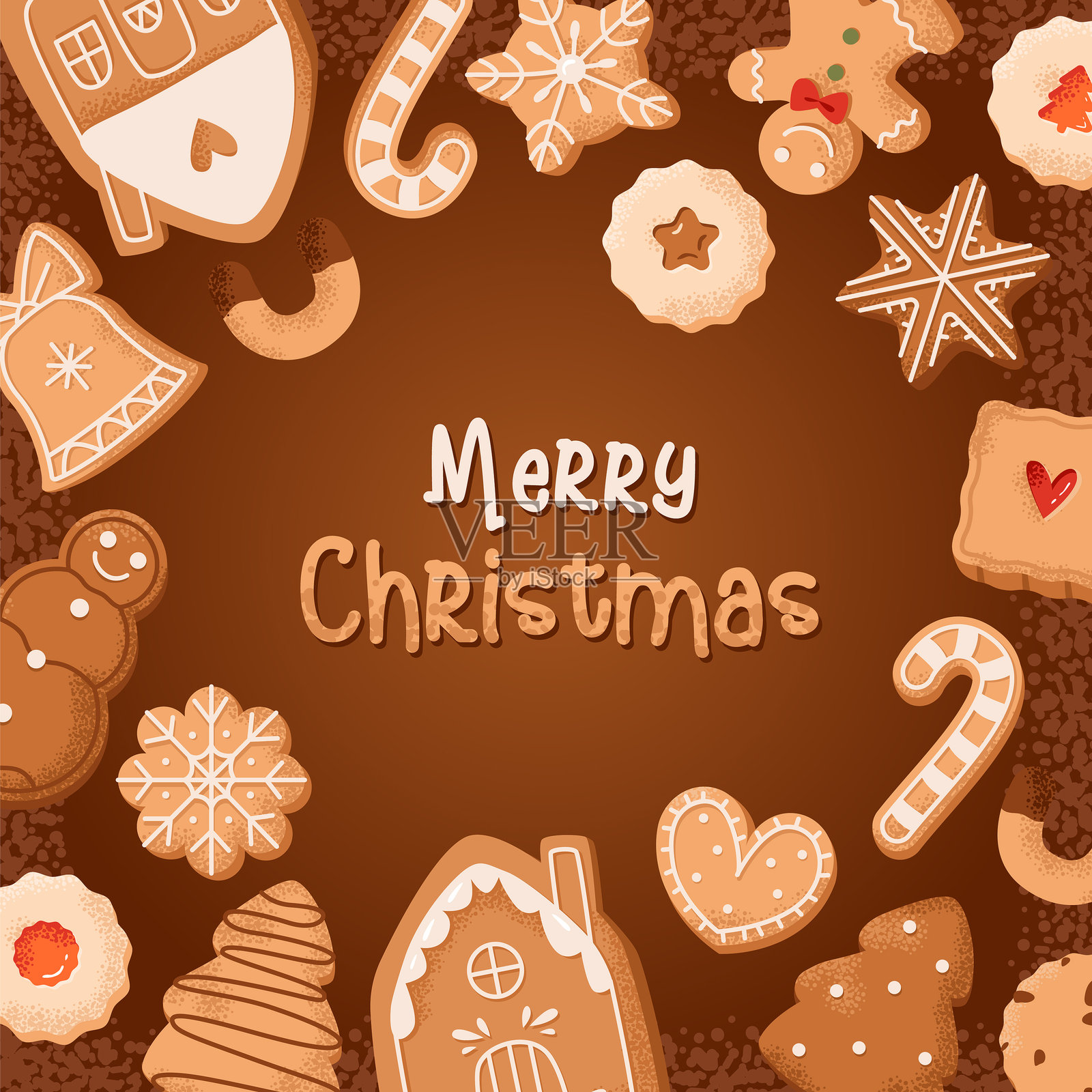 印有不同形状的圣诞姜饼饼干的节日横幅。圣诞节的背景。邀请或礼品卡模板。插画图片素材