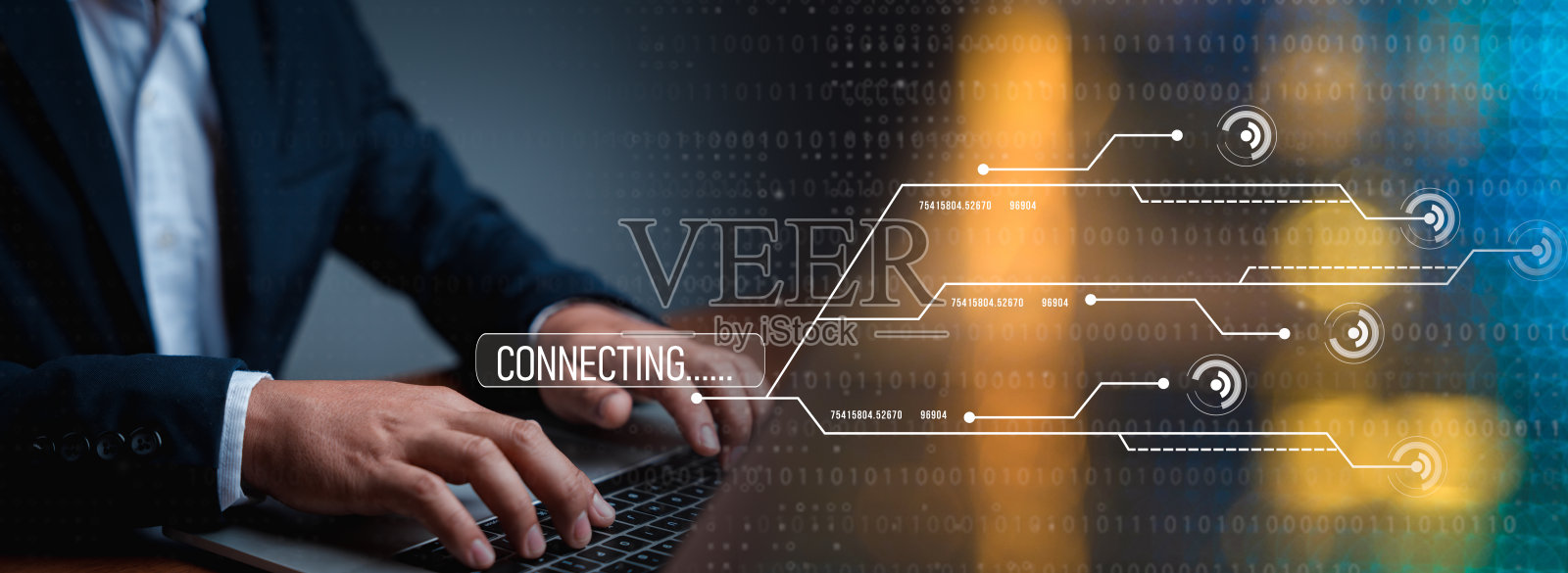 商人使用笔记本电脑上网，全球网络连接的信息安全和数据隐私分析。数字技术、大数据、数字营销、物联网照片摄影图片