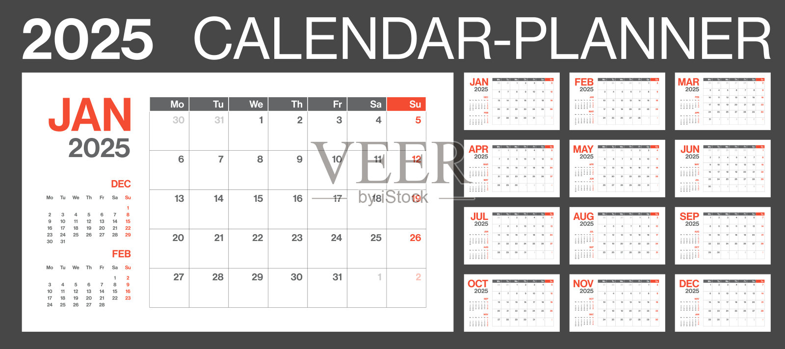 日历计划2025 -极简主义风格的企业景观水平日历2025年-矢量模板与空间复制-欧洲网格-一周开始于周一插画图片素材