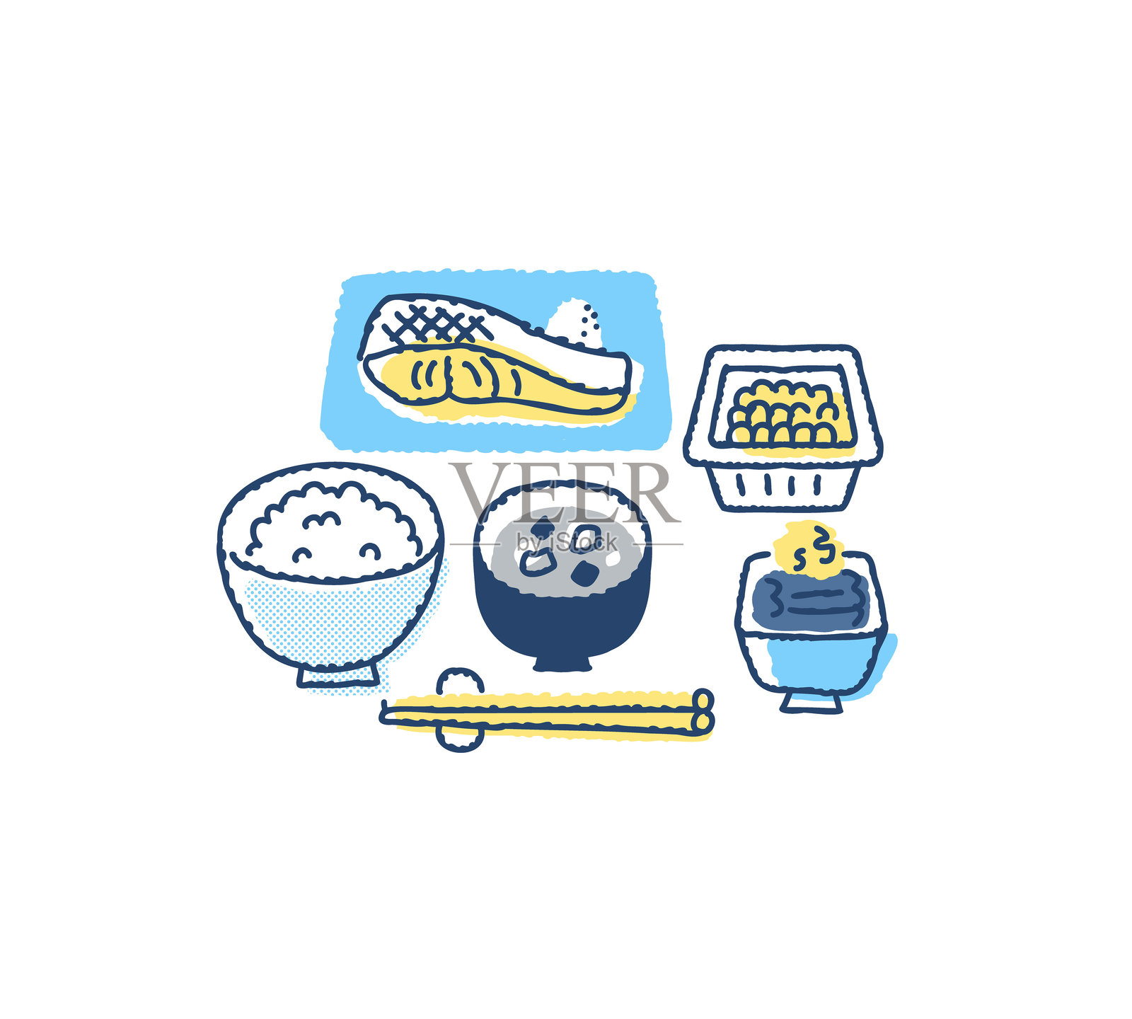 日式早餐:烤鱼套餐插画图片素材